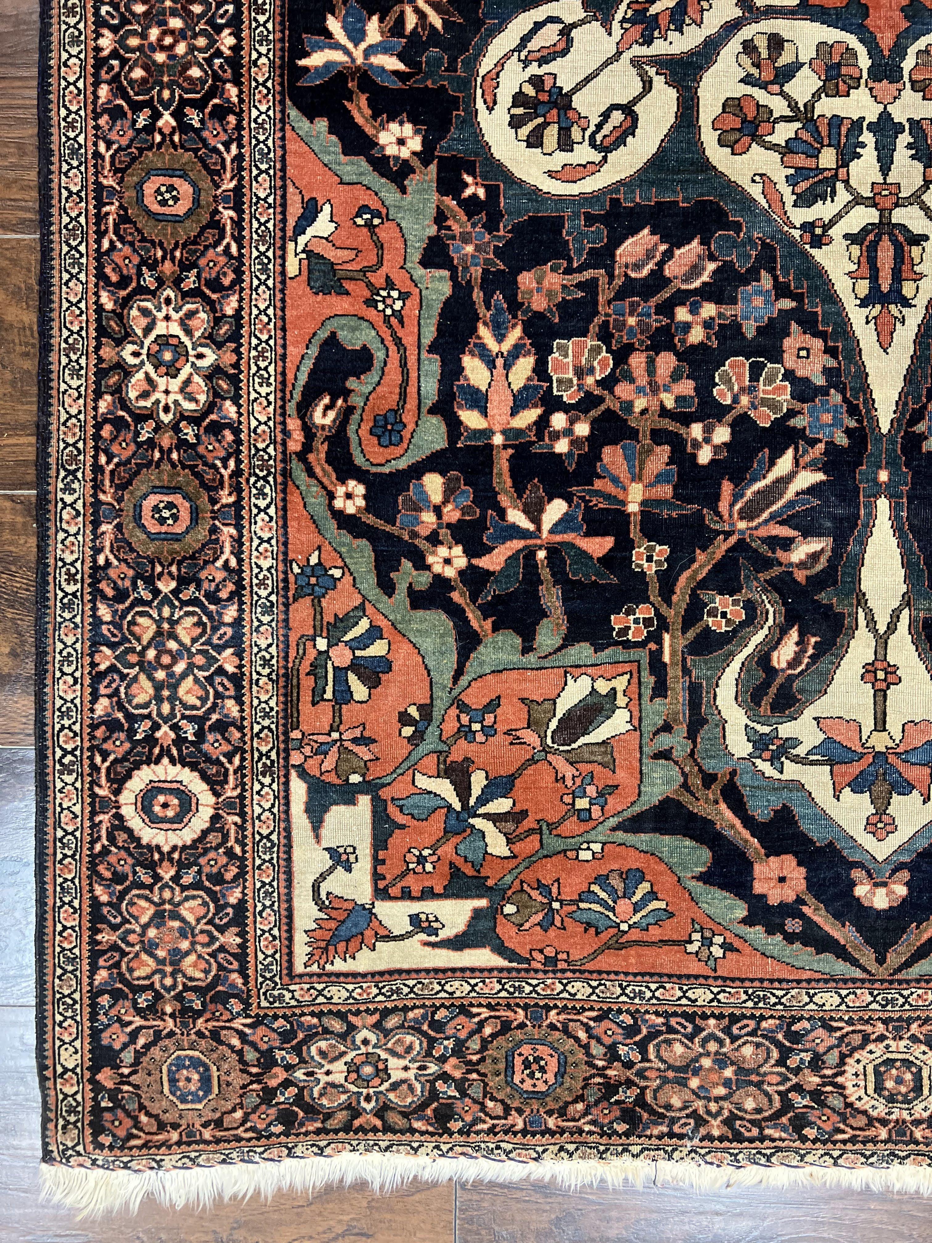 Antique Persian Sarouk Rug 4x7, Sarouk Farahan Carpet, 1880s Antique Oriental Rug, Late 19th Century, Handmade, Medallion, Cream Navy Red - Jewel Rugs