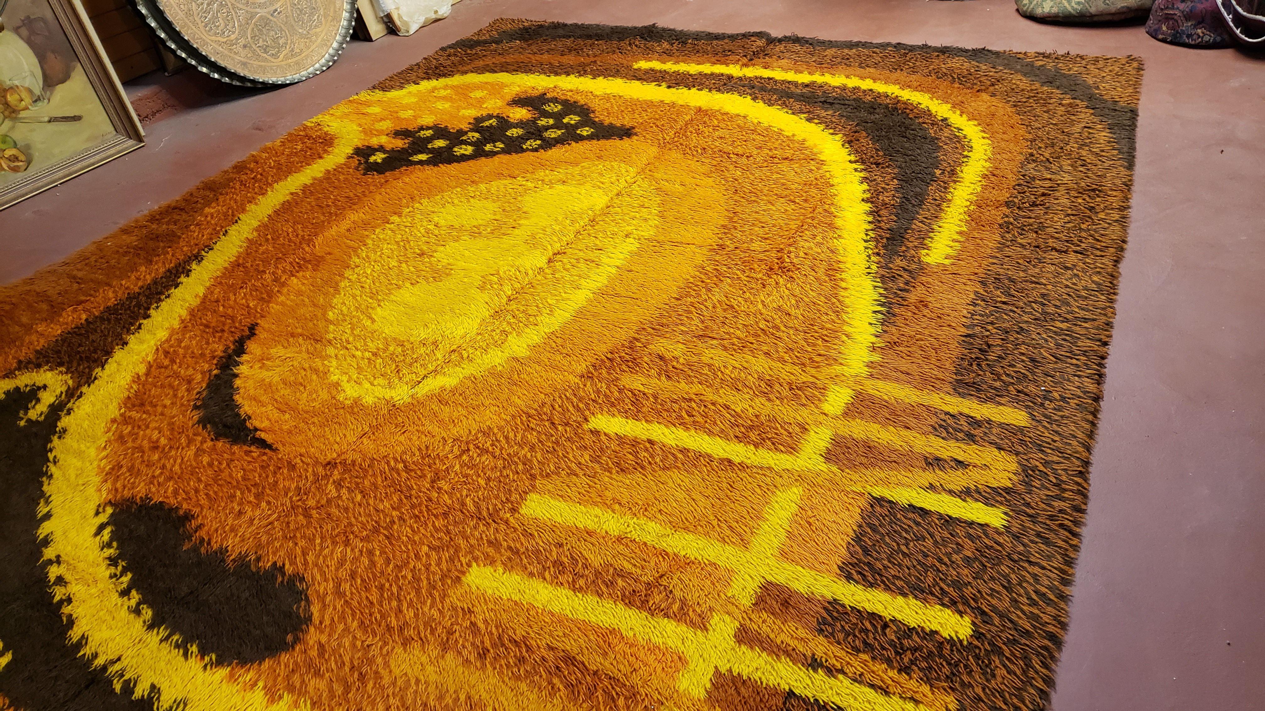 8x11 Rya Shag Rug Mid-Century Modern Danish Carpet Vintage 1960s Orange High-Pile Rug Abstract Design Living Room Rug Retro - Jewel Rugs