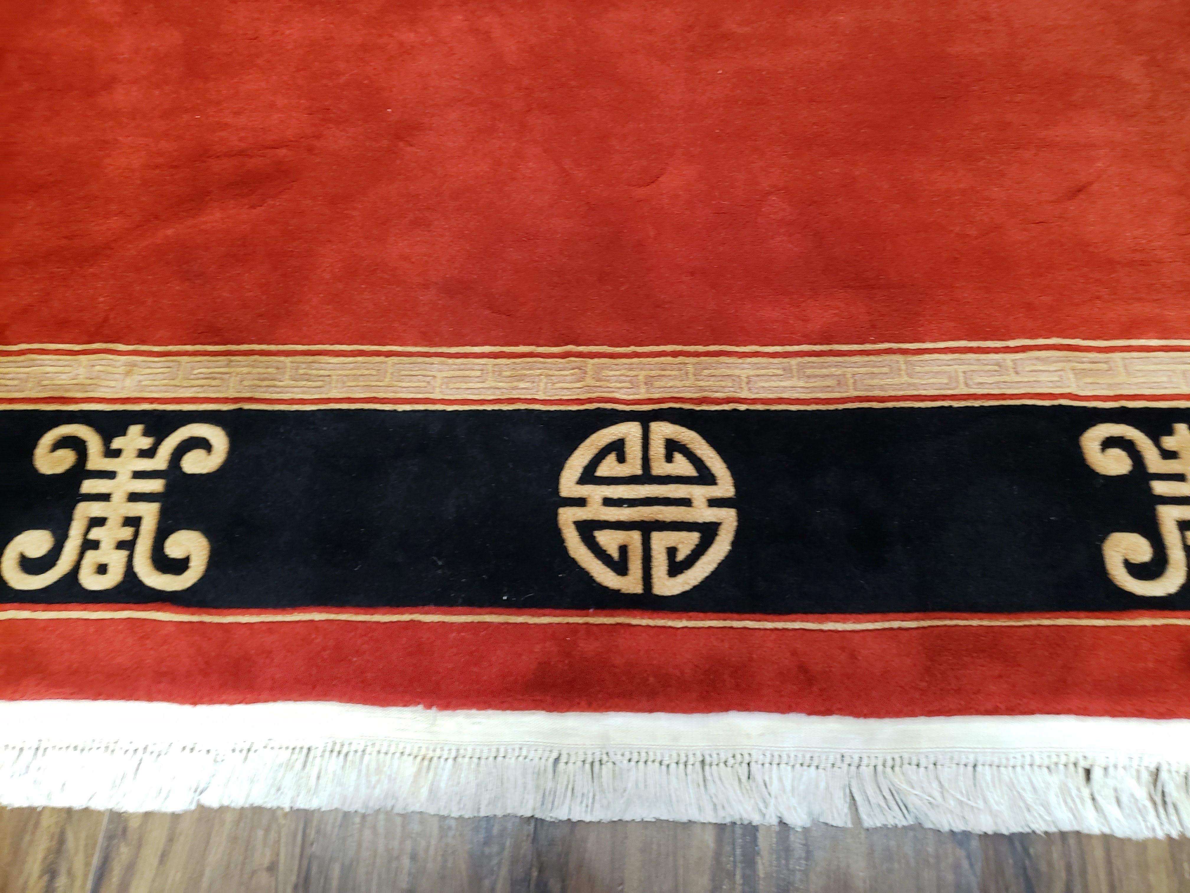 Vintage Chinese Art Deco Rug 8x11, Red & Black Asian Style Carpet, Wool Hand-Knotted Area Rug, 8 x 11 Bedroom Living Room Rug, Plush Rug - Jewel Rugs