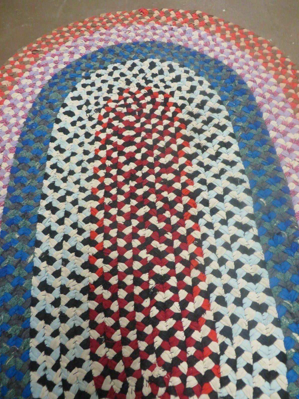 3' X 5' Vintage Handmade American Braided Wool Rug Oval Pink Blue Nice - Jewel Rugs