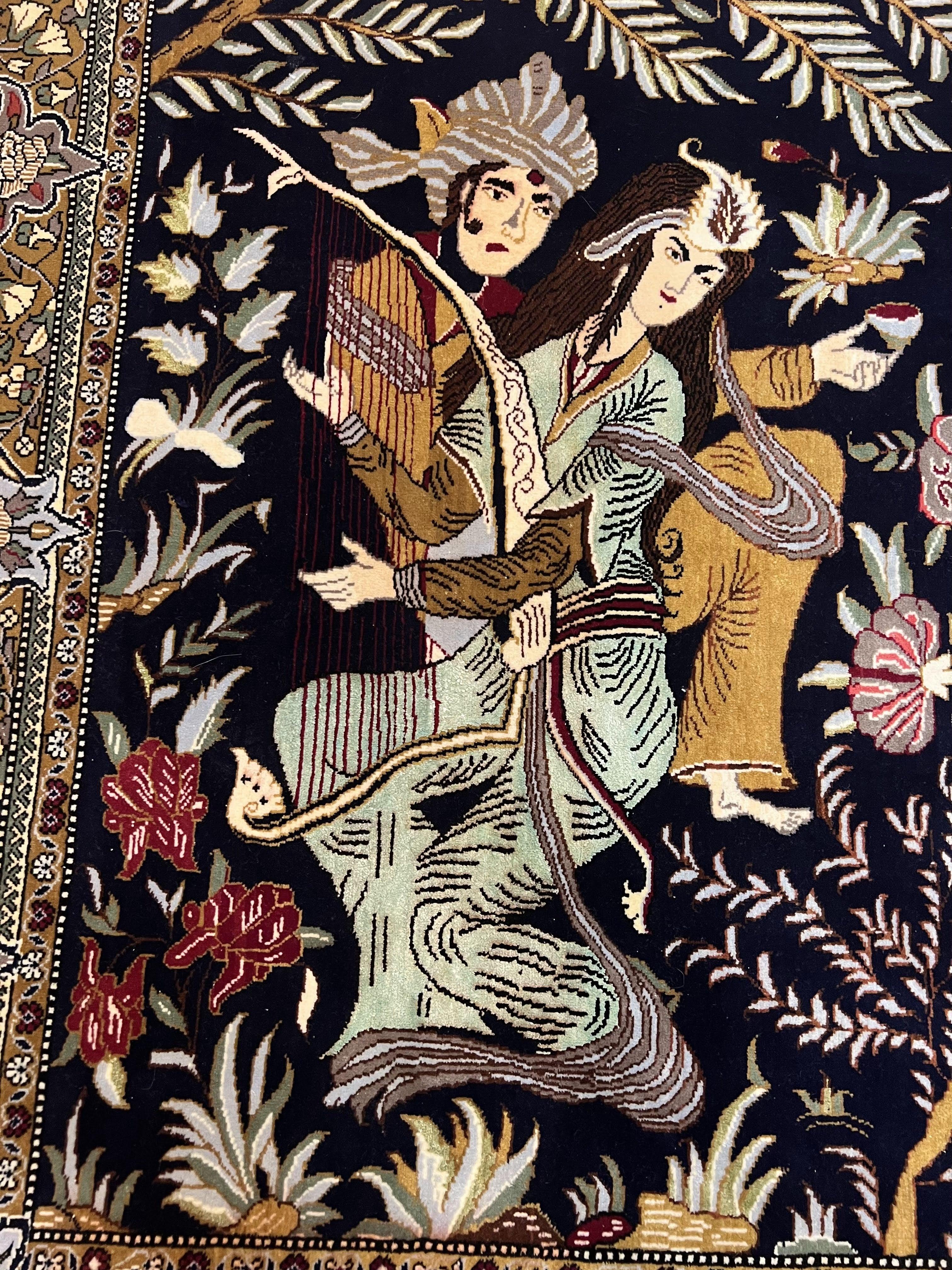 Persian Qum Pictorial Rug 4.8 x 6.5 - Layla & Majnun, Birds - Jewel Rugs