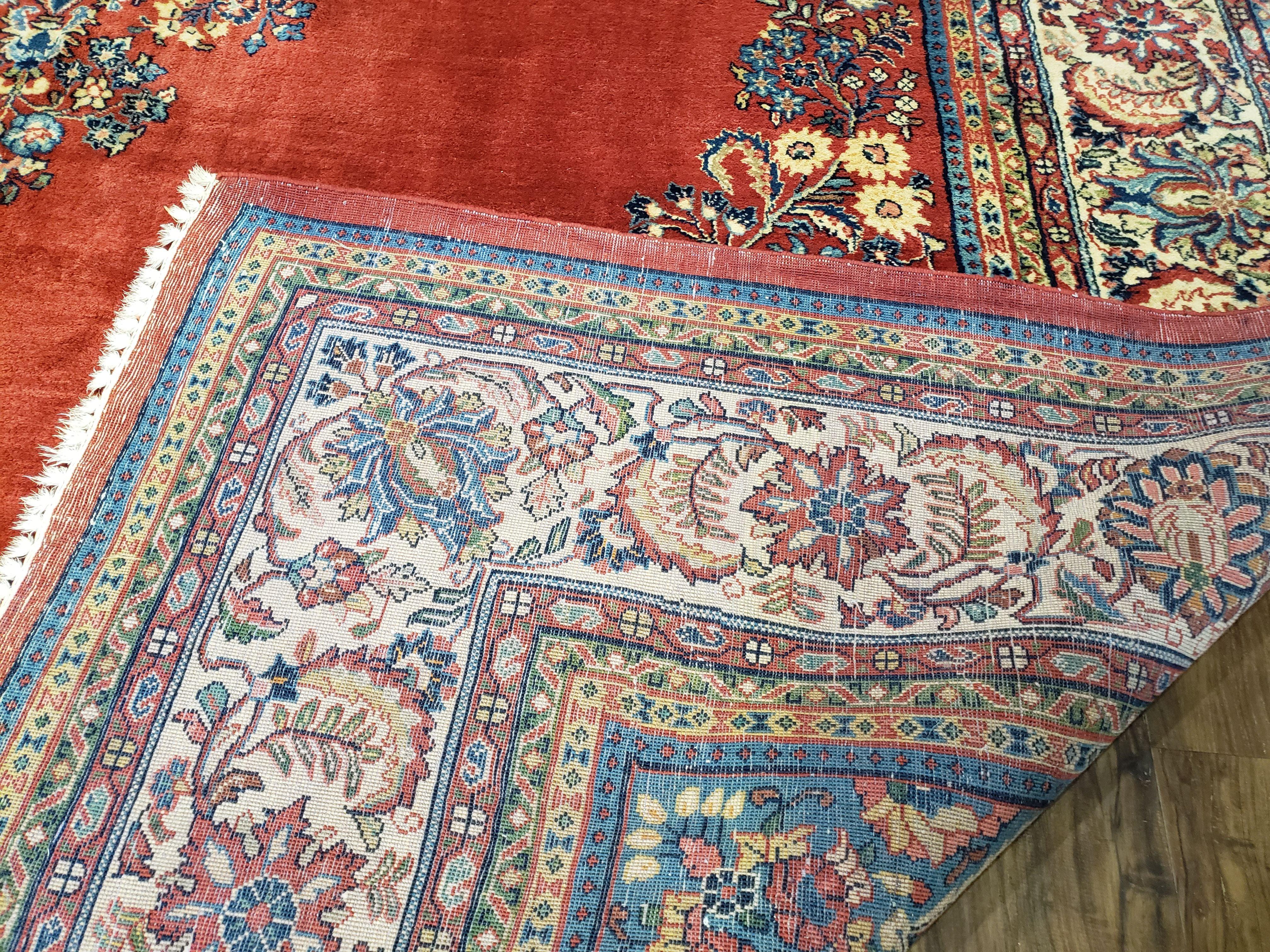 Semi Antique Persian Sarouk Rug 9x12, Semi Open Field with Central Medallion, Hand Knotted Wool, Tomato Red, 9 x 12 Authentic Oriental Carpet - Jewel Rugs
