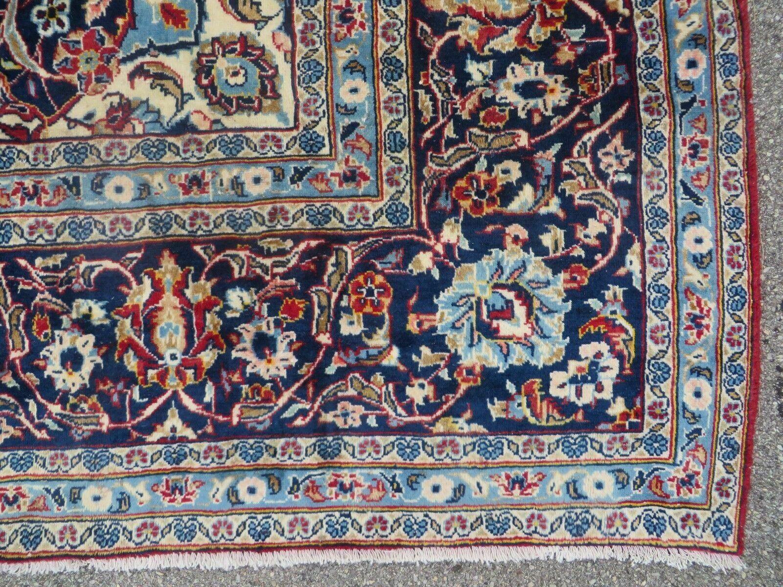 Vintage Persian Kashan Rug 10x13, Hand Knotted Room Sized Carpet, Red Light Blue Dark Blue, Wool, Traditional, Medallion and Corner Design - Jewel Rugs