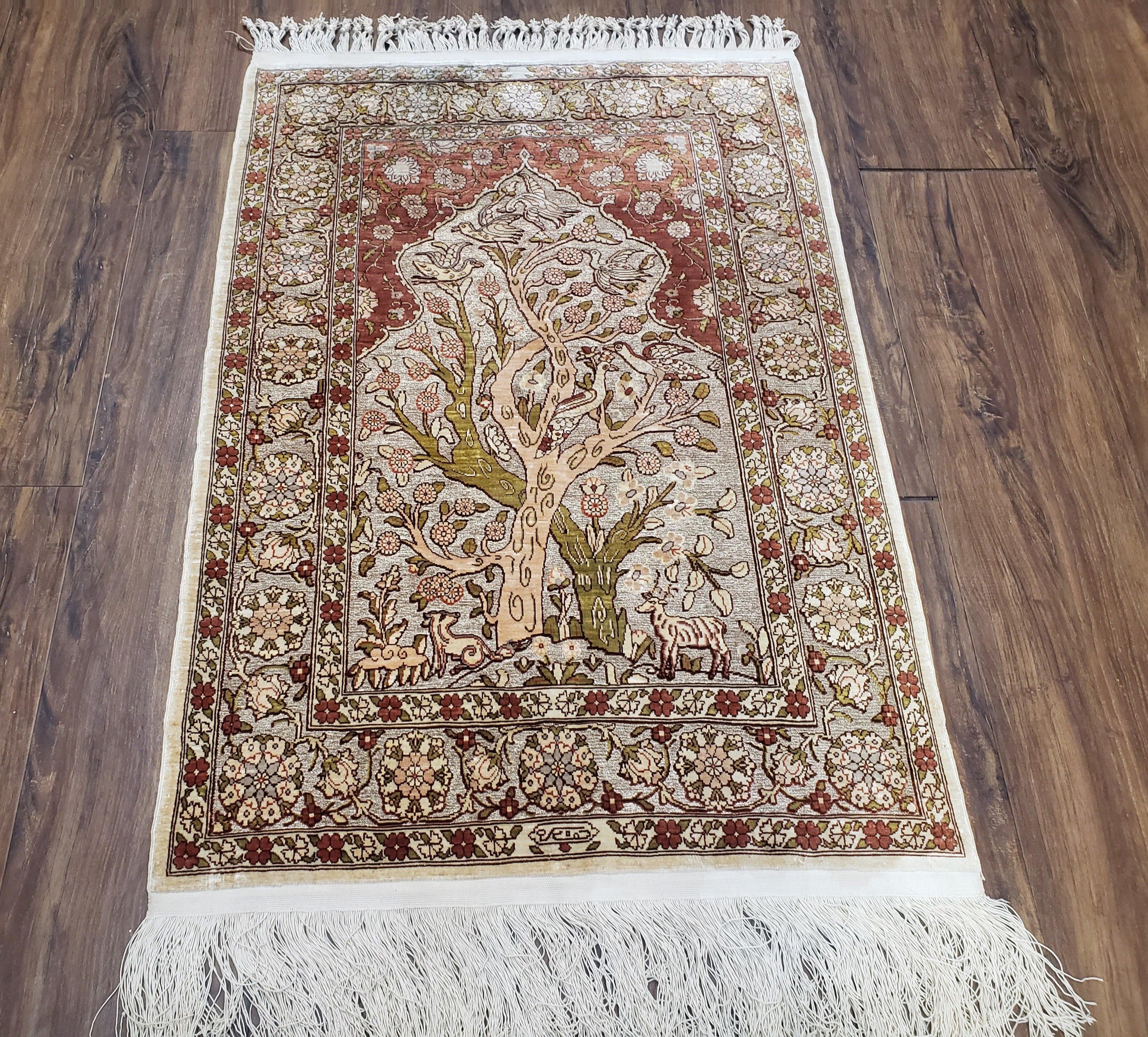 Turkish Hereke Silk Rug with Gold Threads, 2x3 Silk and Gold Oriental Carpet Tree of Life with Animals Very Fine Antique Vintage Top Quality - Jewel Rugs