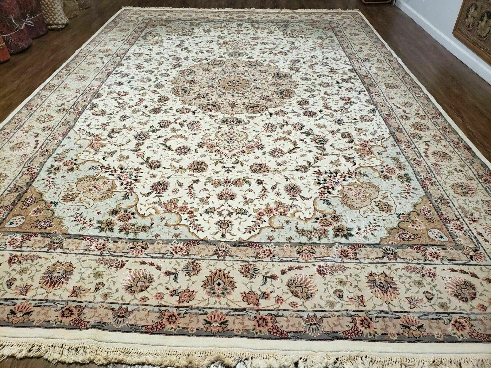 10' X 14' Vintage Handmade Pakistani Wool Silk Rug Carpet Ivory Nice - Jewel Rugs