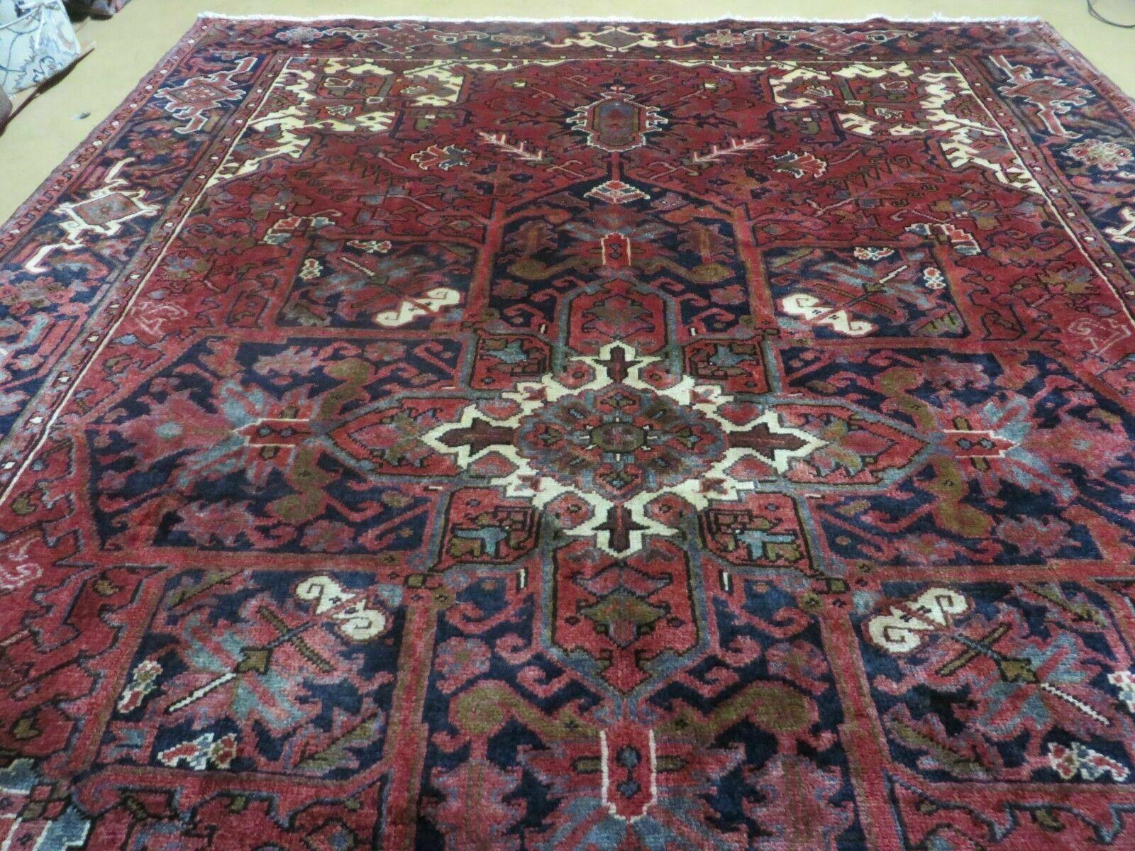 Persian Rug 8x11 Room Sized Heriz Carpet, Hand Knotted Wool Rug, Vintage Semi Antique, Geometric Medallion, Wine Red Cream Dark Blue, Wow - Jewel Rugs