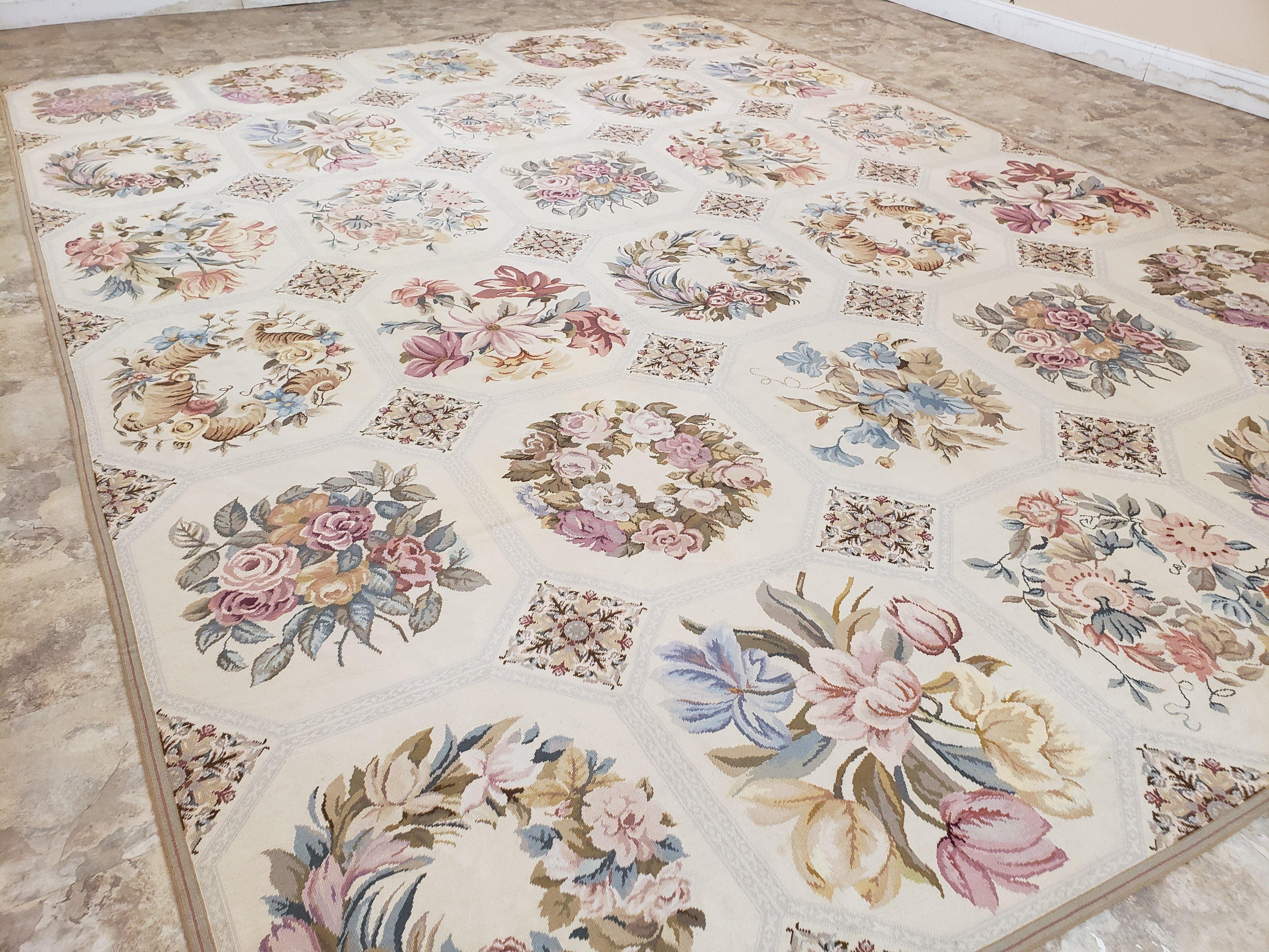 Needlepoint Rug 10x13 Vintage Carpet, Floral Panel Design, Beige, Multicolor Flowers, Handmade Hand Woven, Flatweave, No Pile, Wool - Jewel Rugs