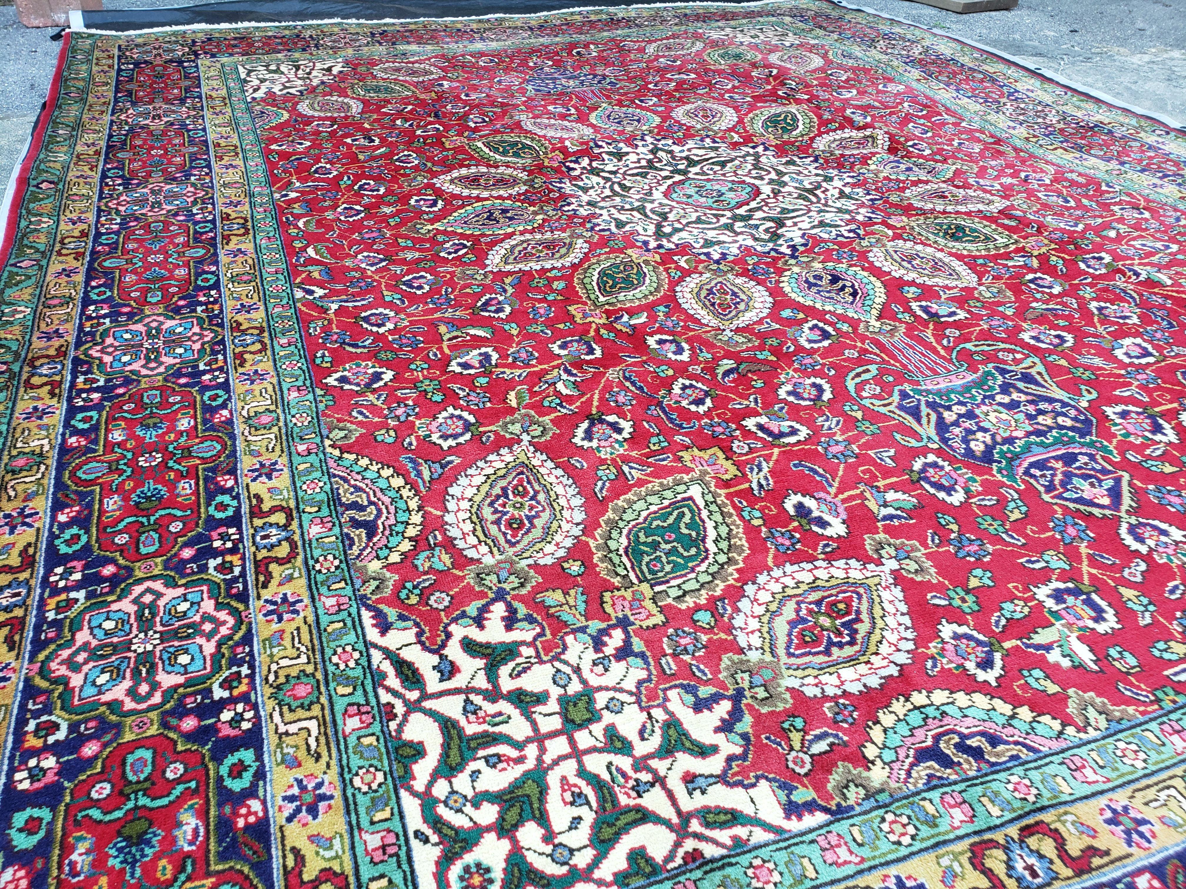 Antique Persian Tabriz Rug 9' 7" x 12' 9", Central Medallion, Persian Vases, Flowers, Curvilinear Vines, Red Blue Ivory, 10x13, Hand-Knotted, Wool, Mustafi Design - Jewel Rugs