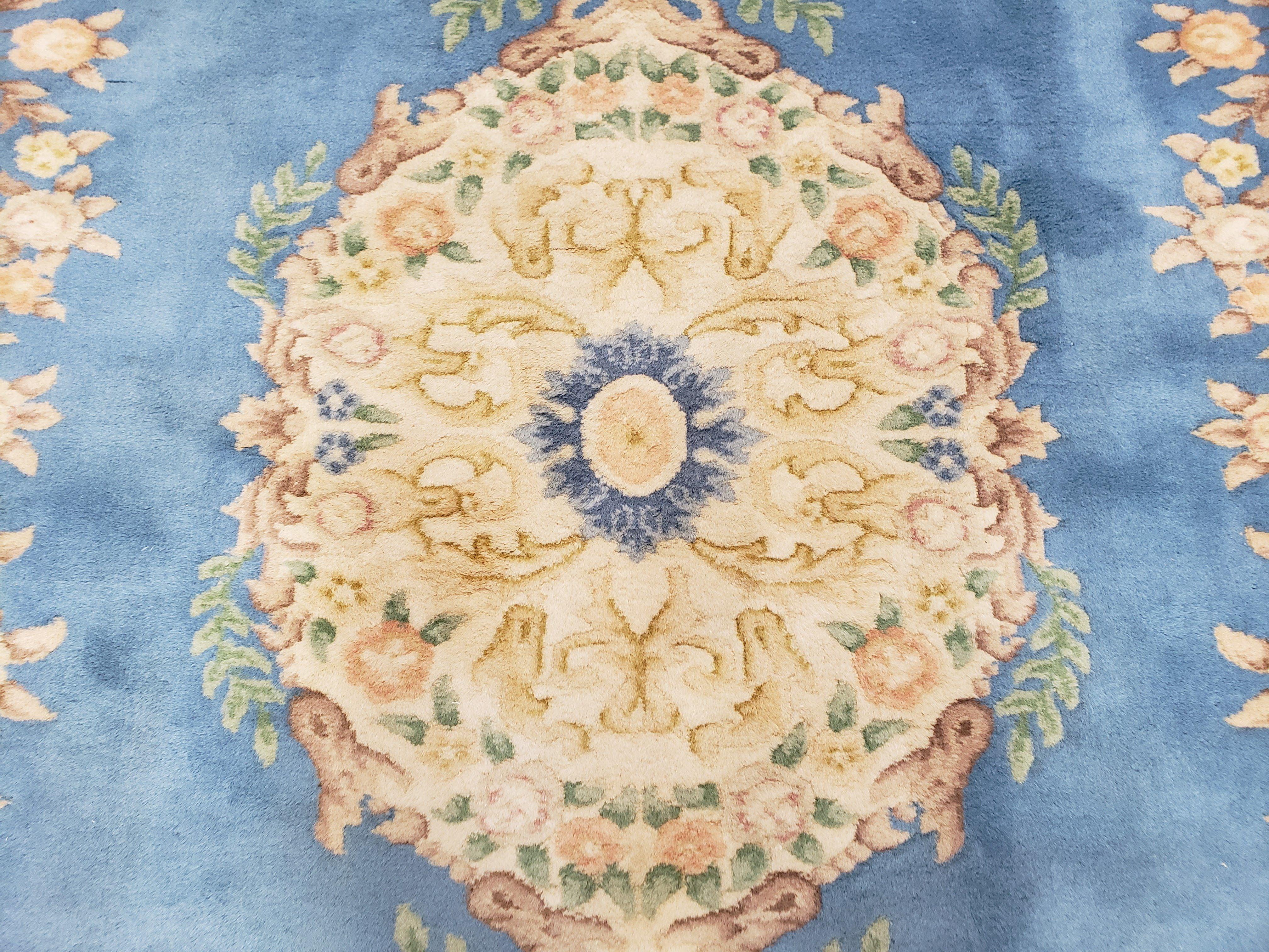 Light Blue and Ivory Rug, Indo Chinese Rug, Aubusson Rug, 8x11 - 9x12 Rugs, Room Sized Rug, Handmade Wool Area Rug, Vintage Rug, Sky Blue - Jewel Rugs