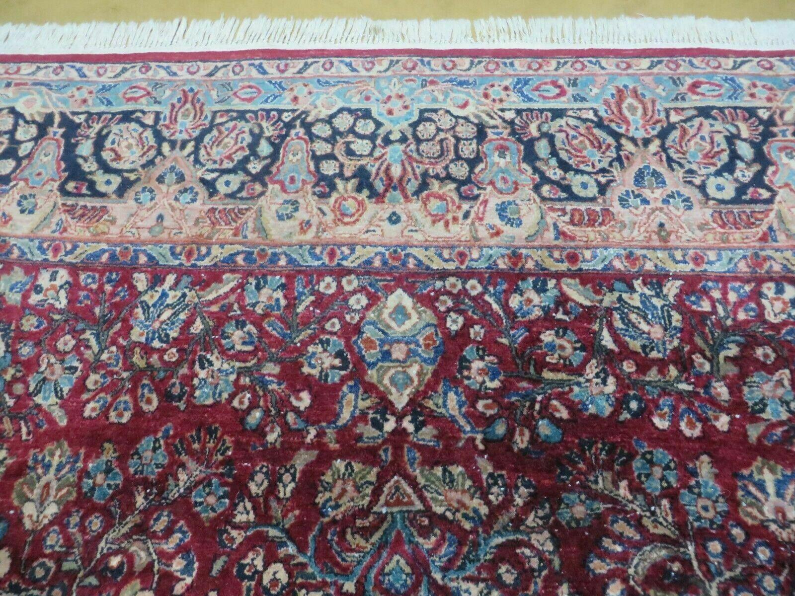 Antique Persian Sarouk Rug 9x11 Red Navy Blue Oriental Carpet, Allover Floral Pattern, Hand Knotted, Wool, Room Sized 9 x 11 ft - Jewel Rugs