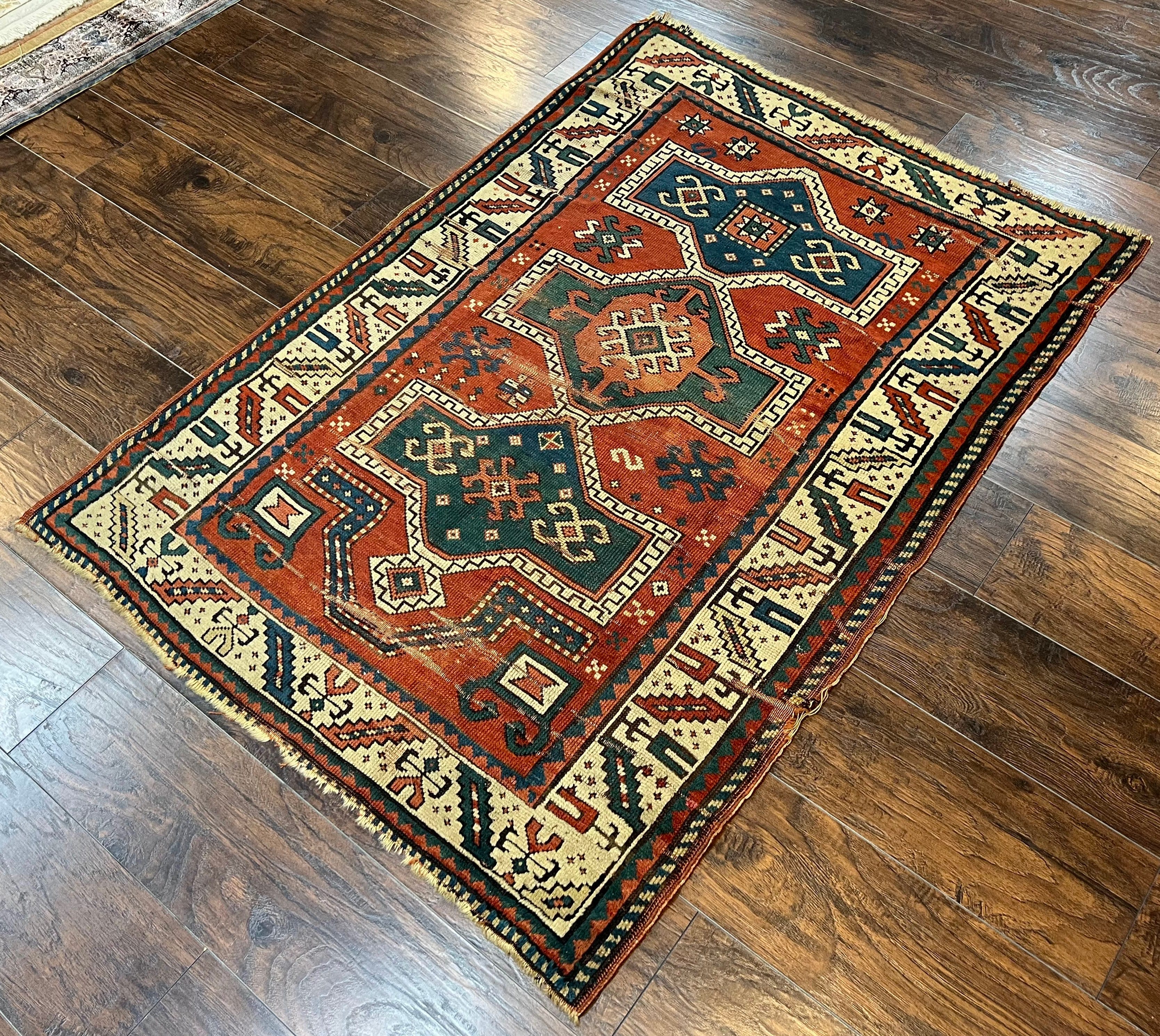 Antique Caucasian Rug 4x5, Geometric Kazak Rug circa 1920s, Hand Knotted Wool Oriental Carpet, Rust Red-Orange and Cream, Collectible Rug - Jewel Rugs