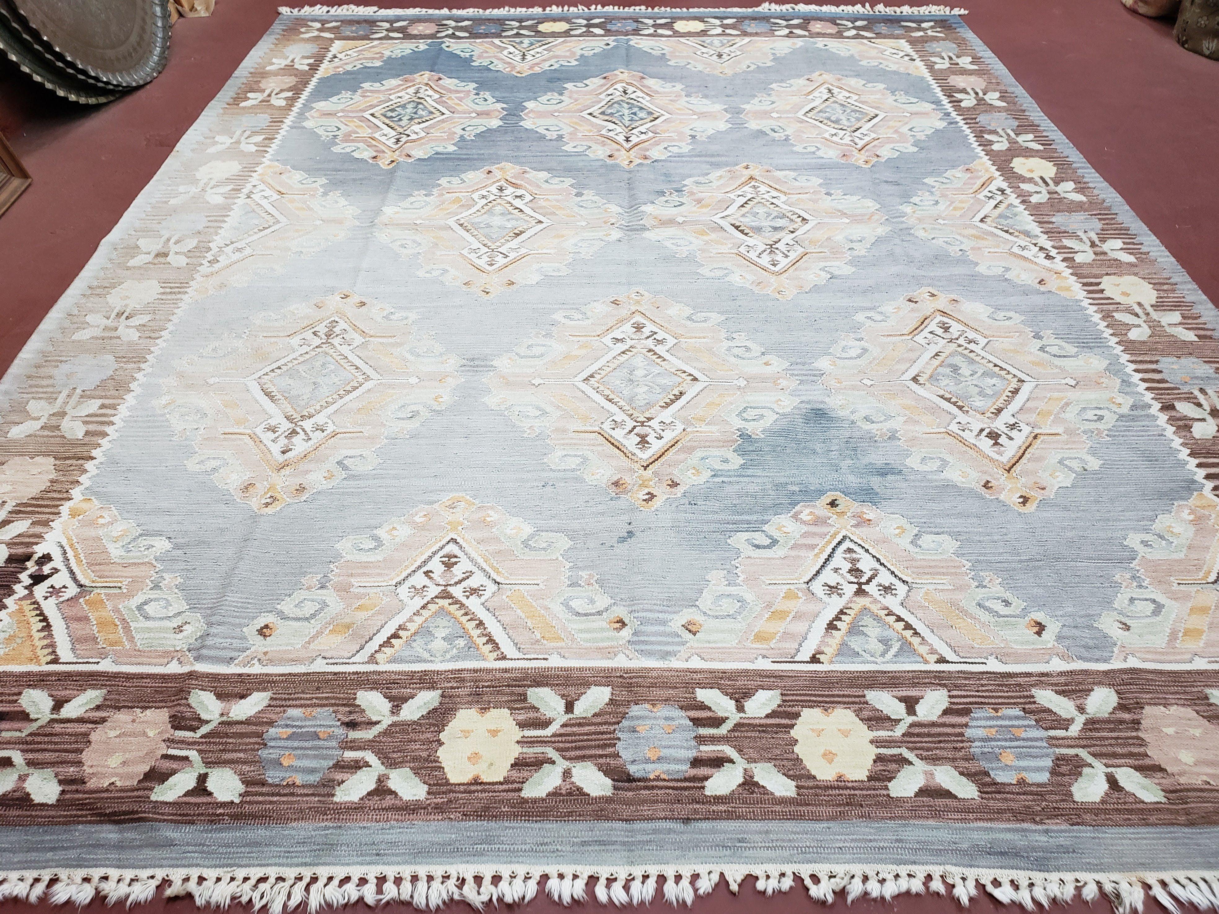 Blue Turkish Kilim Rug, Large Kilim Carpet, 8x10 Blue Ivory and Gray-Black Rug, Flatweave Anatolian Rug, Vintage Turkish Kilim, Handmade - Jewel Rugs