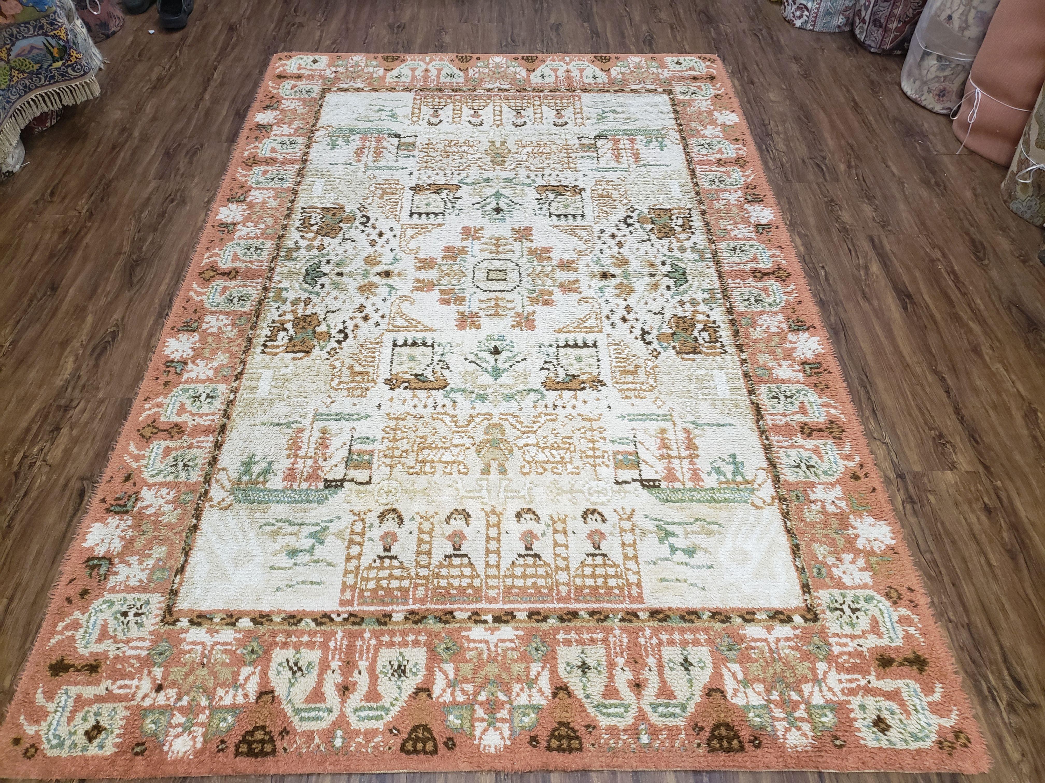 Vintage Scandinavian Area Rug, Rya Shag Rug, Wool, Beige & Carribbean Coral, Scandinavian Folk Art Rug, Human Motifs, Boats, Vikings, 6x9 - Jewel Rugs