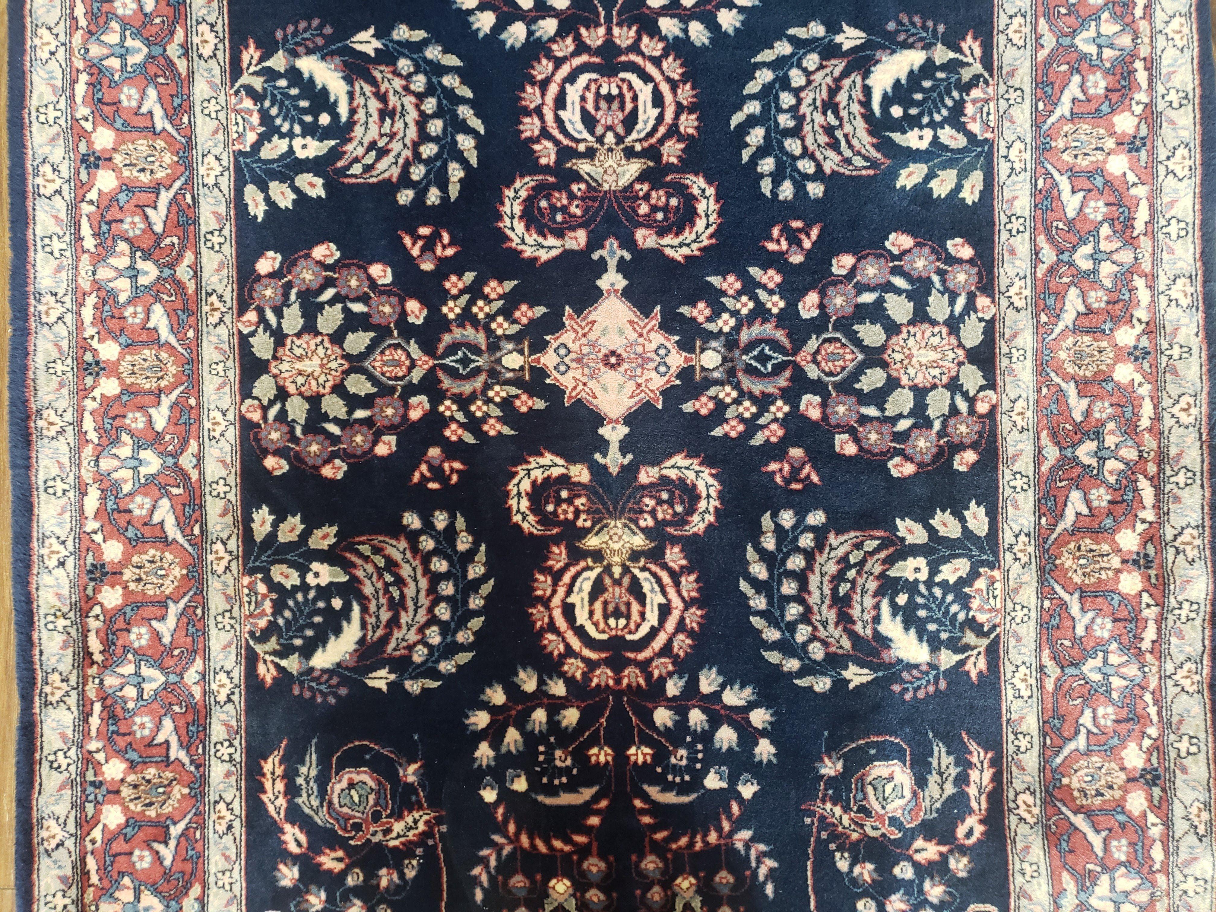 Dark Blue Indo Persian Rug 4x6, Medium Size Hand Knotted Oriental Carpet, Traditional Floral Indian Rug, Blue and Red Entryway Rug, Wool Rug - Jewel Rugs