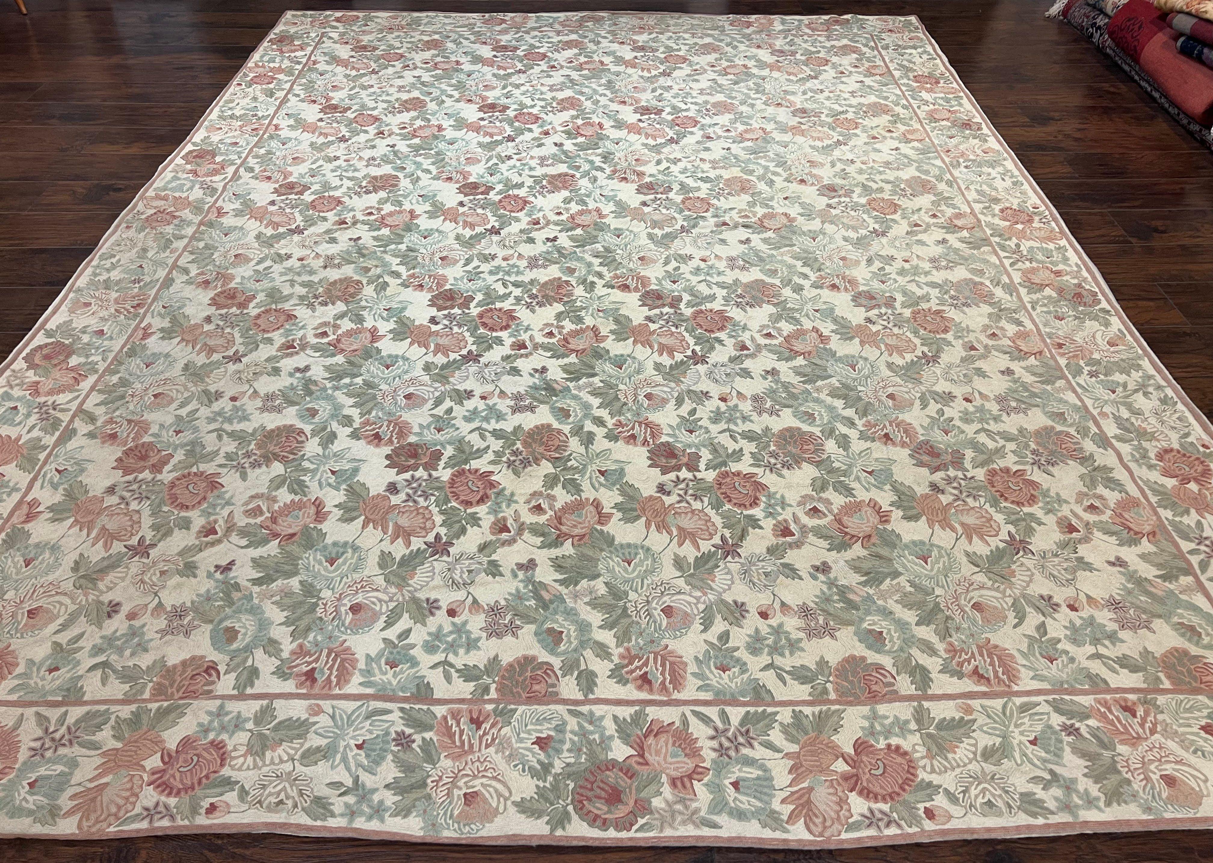 Indian Hand Stitched Rug 9x12 Florall Allover Vintage Wool Cream Rose Floral - Jewel Rugs