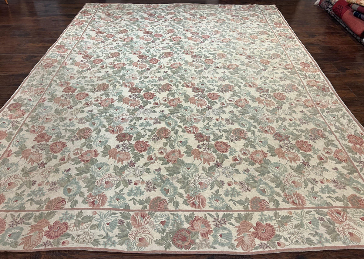 Indian Hand Stitched Rug 9x12 Florall Allover Vintage Wool Cream Rose