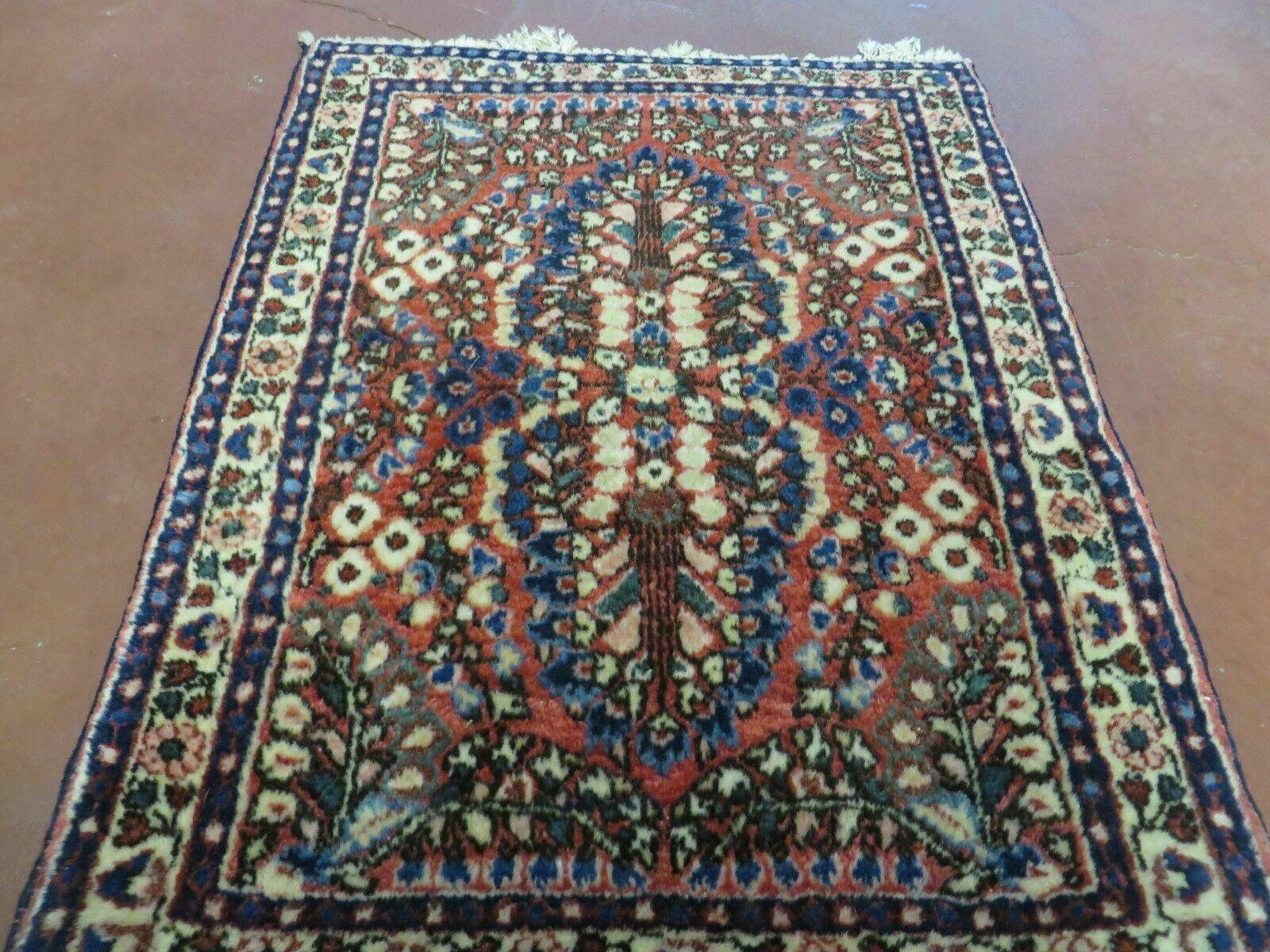 Small Persian Rug 2 x 2.6 Tiny Persian Sarouk Carpet, Red Blue Cream, Floral Design, Antique Wool Rug, Handmade Hand-Knotted, Oriental Rug Mat 2x3 - Jewel Rugs