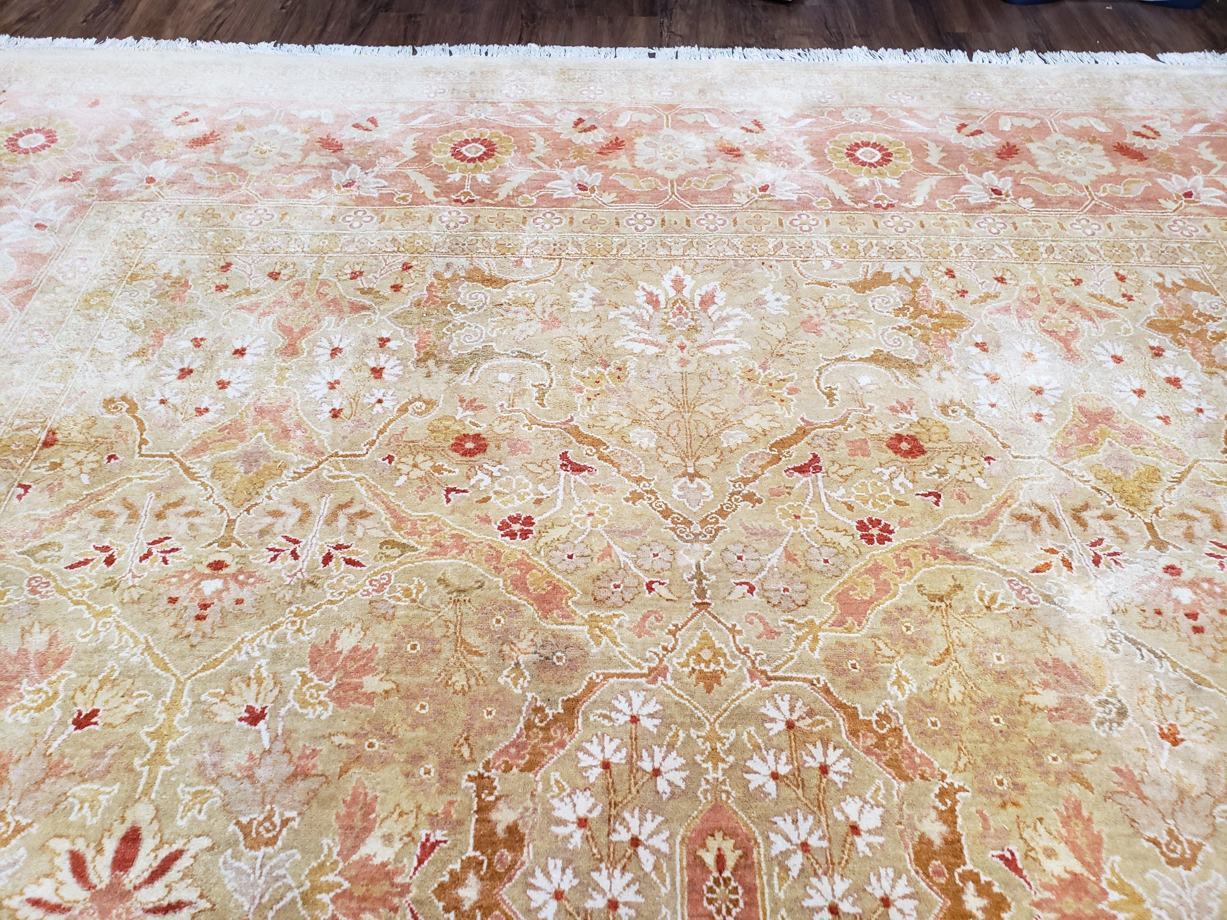 Large Turkish Oushak Rug, 9x12 - 9x13 Rugs, Vintage Turkish Oriental Carpet, Tan Salmon Pink Gold Ivory, Hand Knotted Rug, Room Sized Rug - Jewel Rugs