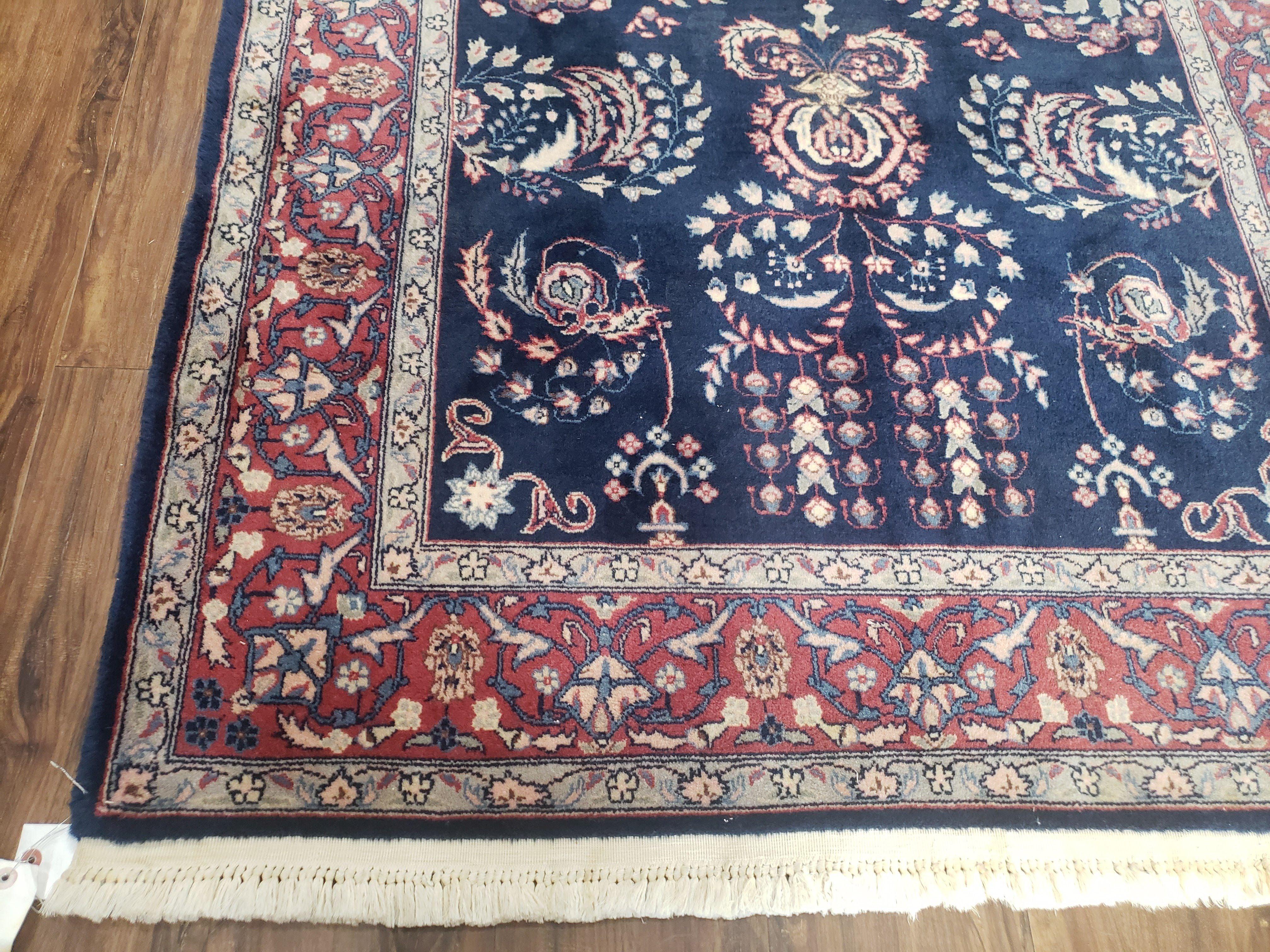 Dark Blue Indo Persian Rug 4x6, Medium Size Hand Knotted Oriental Carpet, Traditional Floral Indian Rug, Blue and Red Entryway Rug, Wool Rug - Jewel Rugs