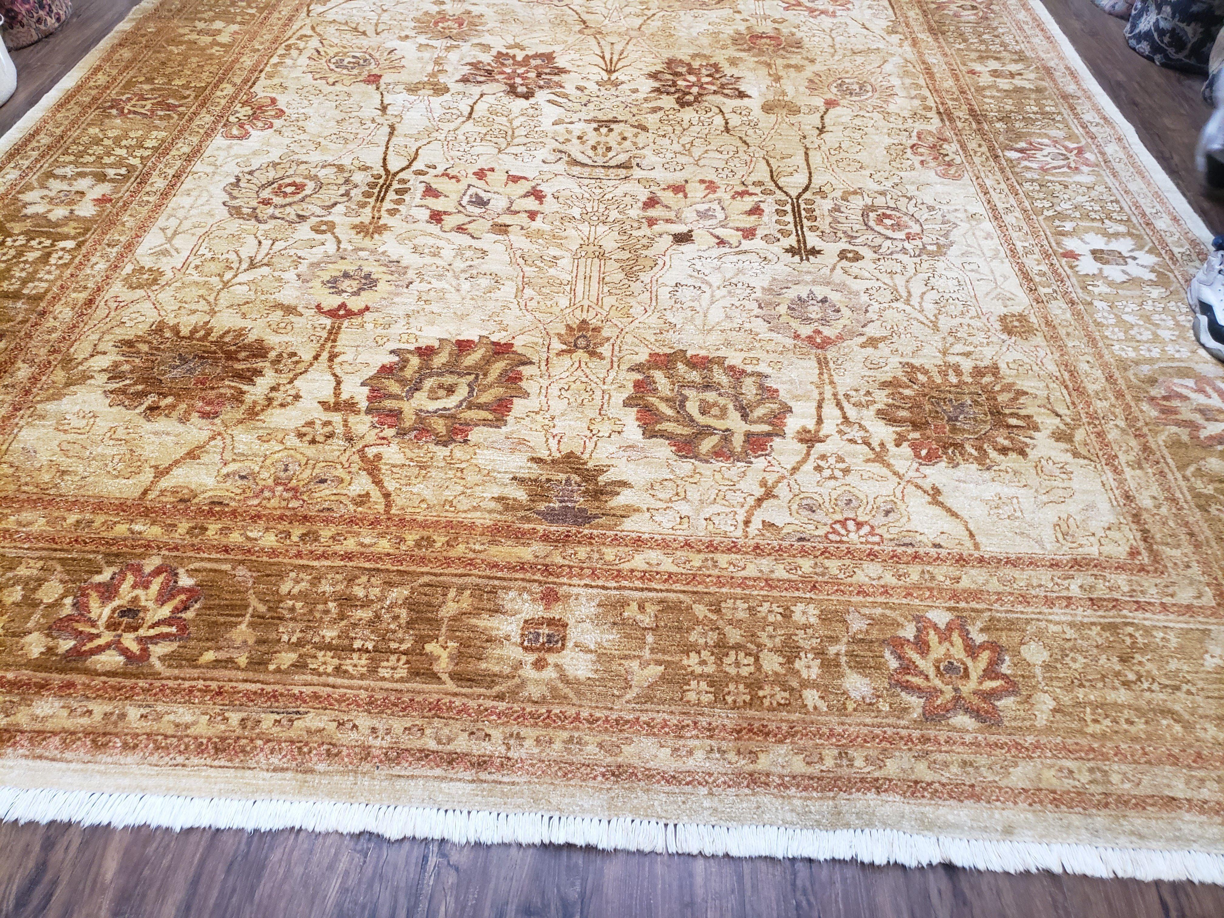 Vintage Turkish Oushak Area Rug 9x12, Wool Hand-Knotted, Ivory Cream & Beige Tea Wash Rug, 9 x 12 Room Sized Rug, Decorative Living Room Rug - Jewel Rugs