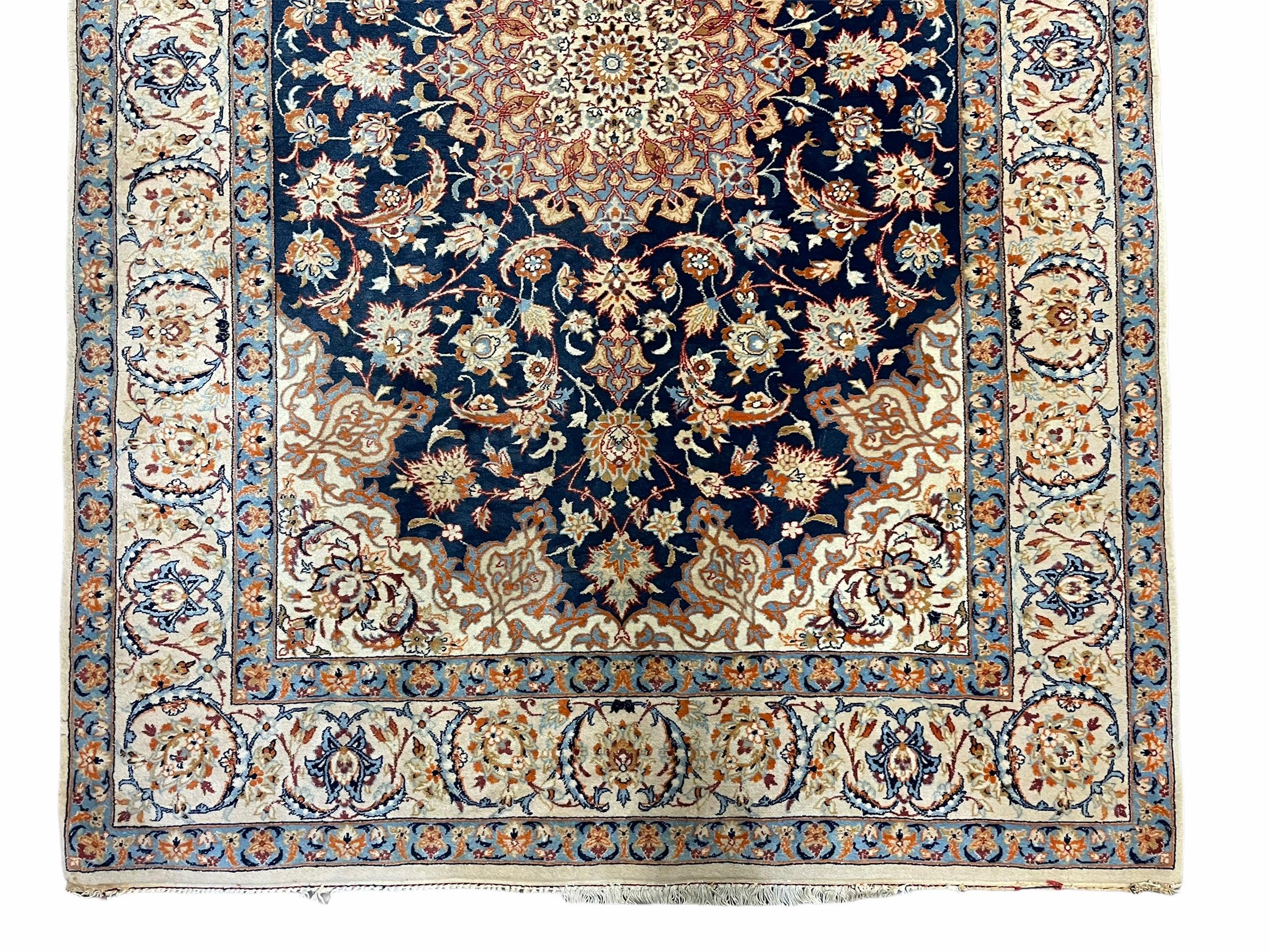 Persian Isfahan Rug 4x5, Navy Blue & Ivory, Wool and Silk Highlights - Jewel Rugs