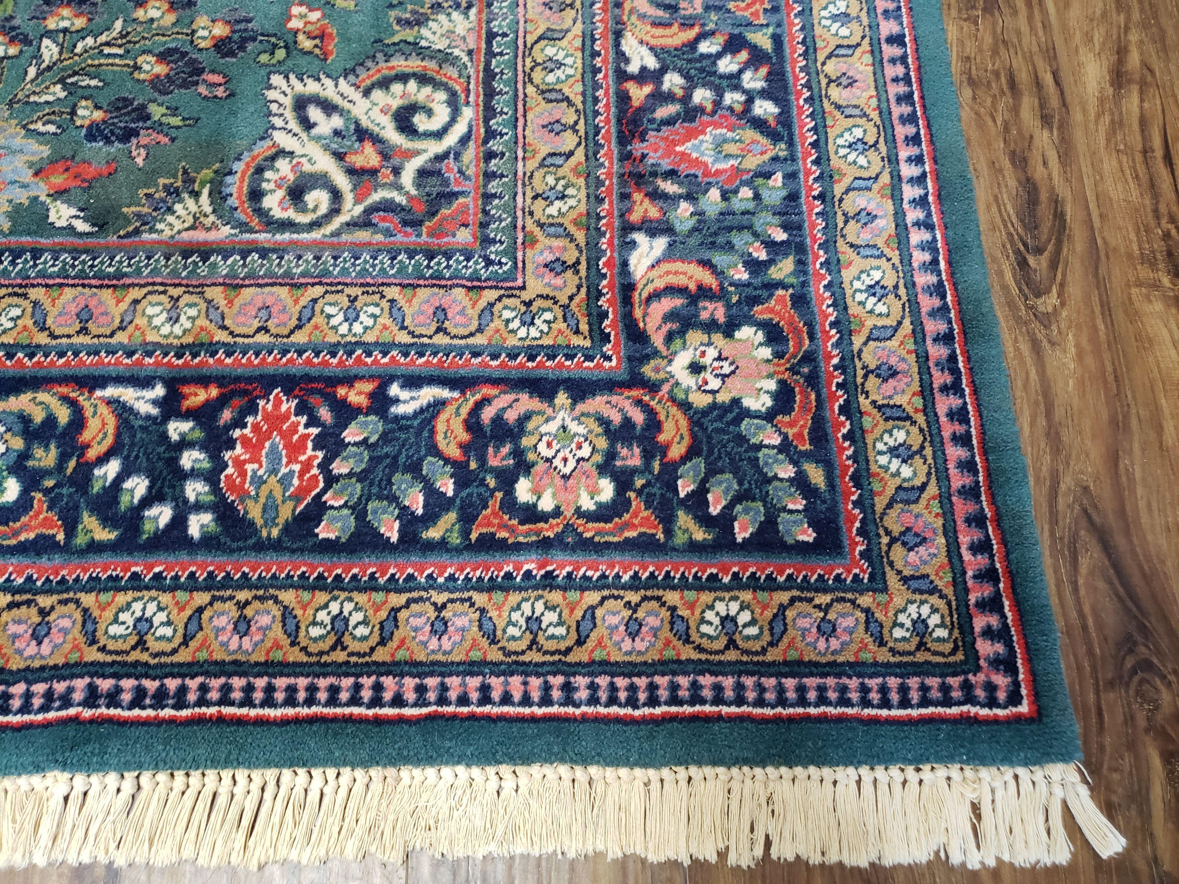 Vintage Traditional Oriental Rug, Pine Green & Midnight Blue Carpet, Louis de Poortere, 8x11 Belgium Power-Loomed Rug, Allover Floral Design - Jewel Rugs