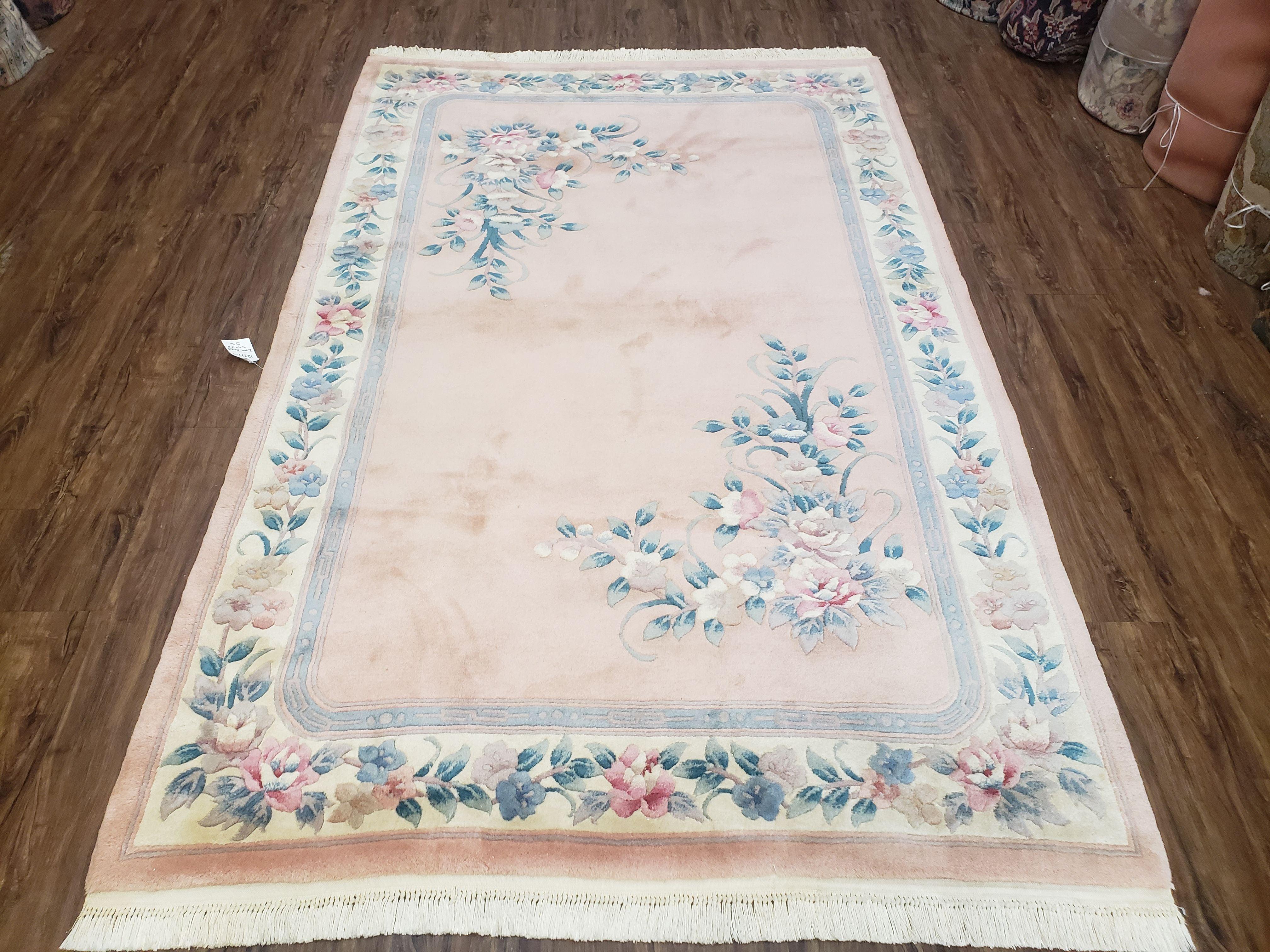 Vintage Light Pink Chinese Carving Area Rug, Floral Plush Carpet, Soft Pile, Hand-Knotted, Pink & Teal, Pastel Colors Home Decor, 5.4 x 8.2 - Jewel Rugs