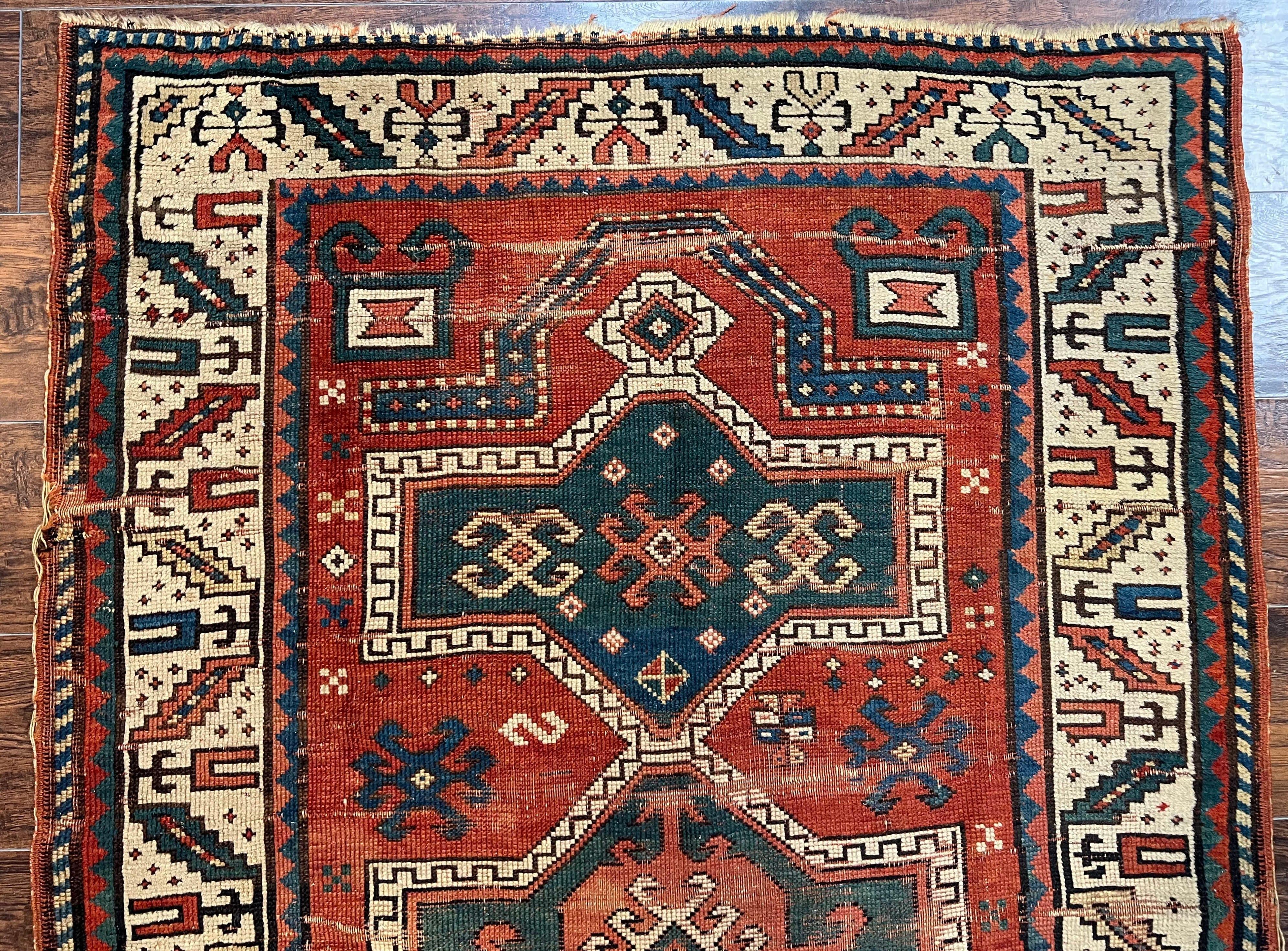 Antique Caucasian Rug 4x5, Geometric Kazak Rug circa 1920s, Hand Knotted Wool Oriental Carpet, Rust Red-Orange and Cream, Collectible Rug - Jewel Rugs