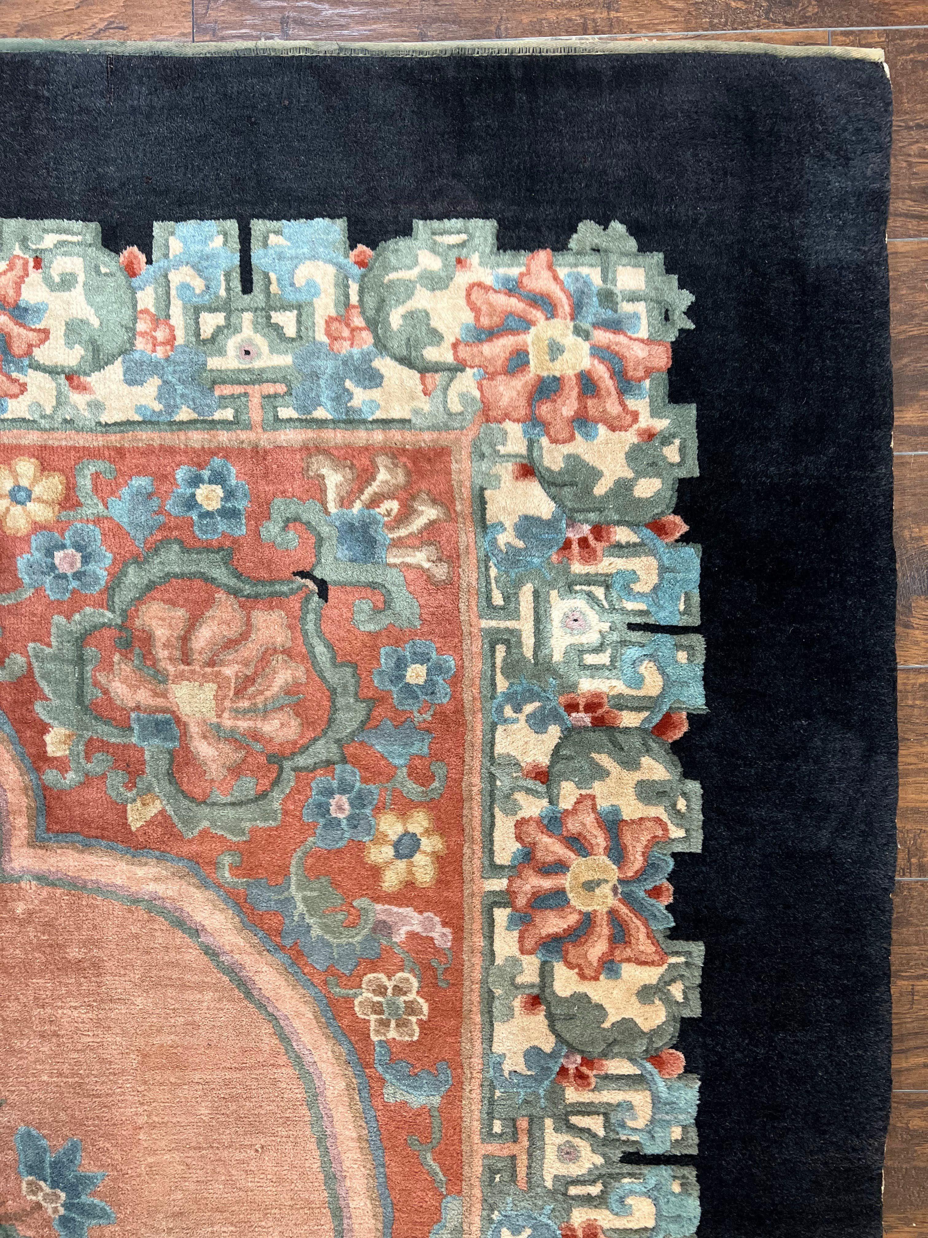 Antique Chinese Wool Rug 9x12, Chinese Peking Fete Carpet 9 x 12 ft, Pink Black Cream Light Blue, Handmade Hand Knotted Asian Art Deco Rug - Jewel Rugs