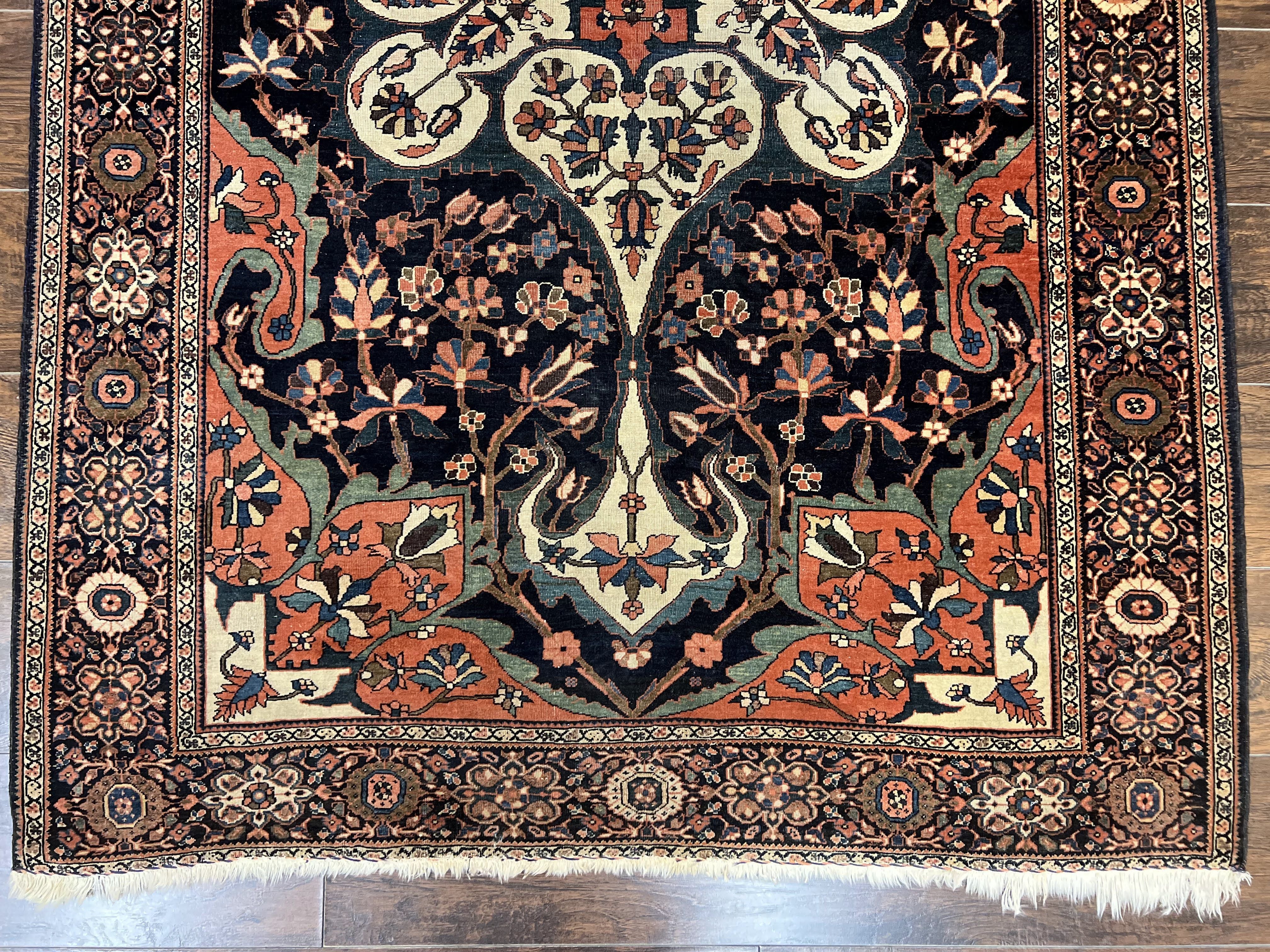 Antique Persian Sarouk Rug 4x7, Sarouk Farahan Carpet, 1880s Antique Oriental Rug, Late 19th Century, Handmade, Medallion, Cream Navy Red - Jewel Rugs