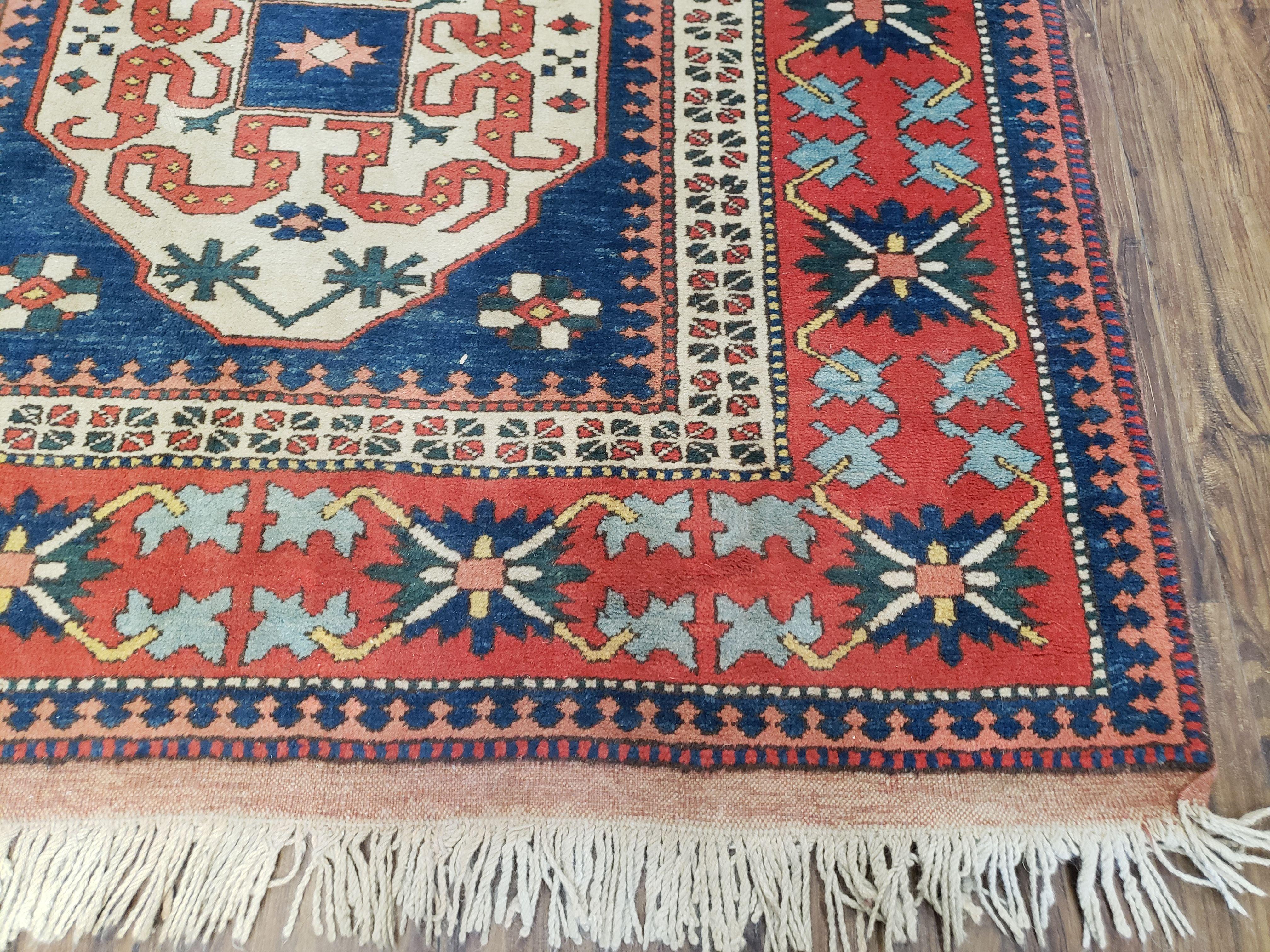 Turkish Kazak Rug 5x6 Vintage Handmade Wool Carpet Geometric Blue Red - Jewel Rugs