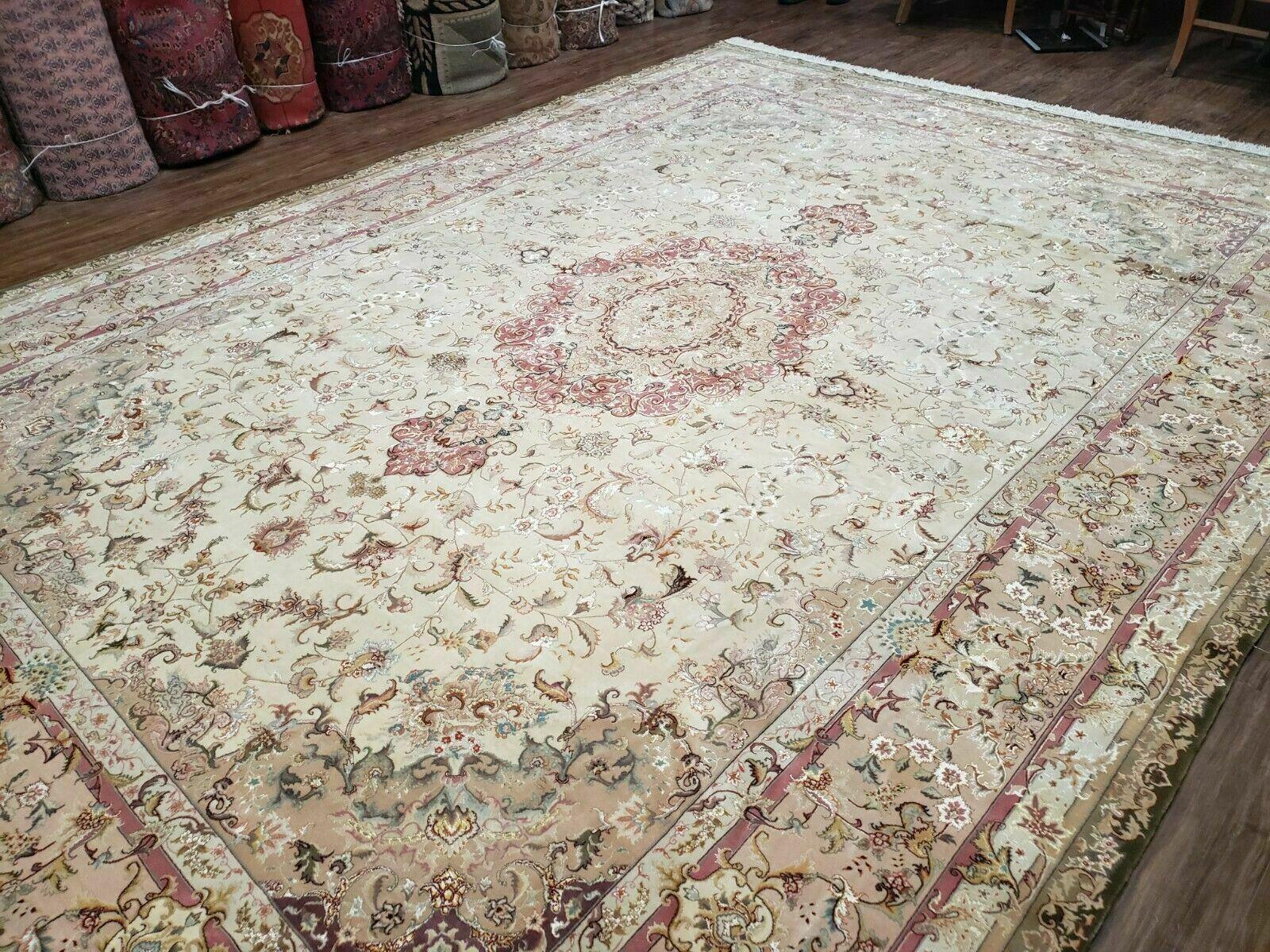 Stunning Sino Persian Rug 9x12, Wool Pile on Silk Foundation, Luxury Elegant Hand Knotted Carpet, Floral Medallion, Very Fine, Cream Salmon - Jewel Rugs