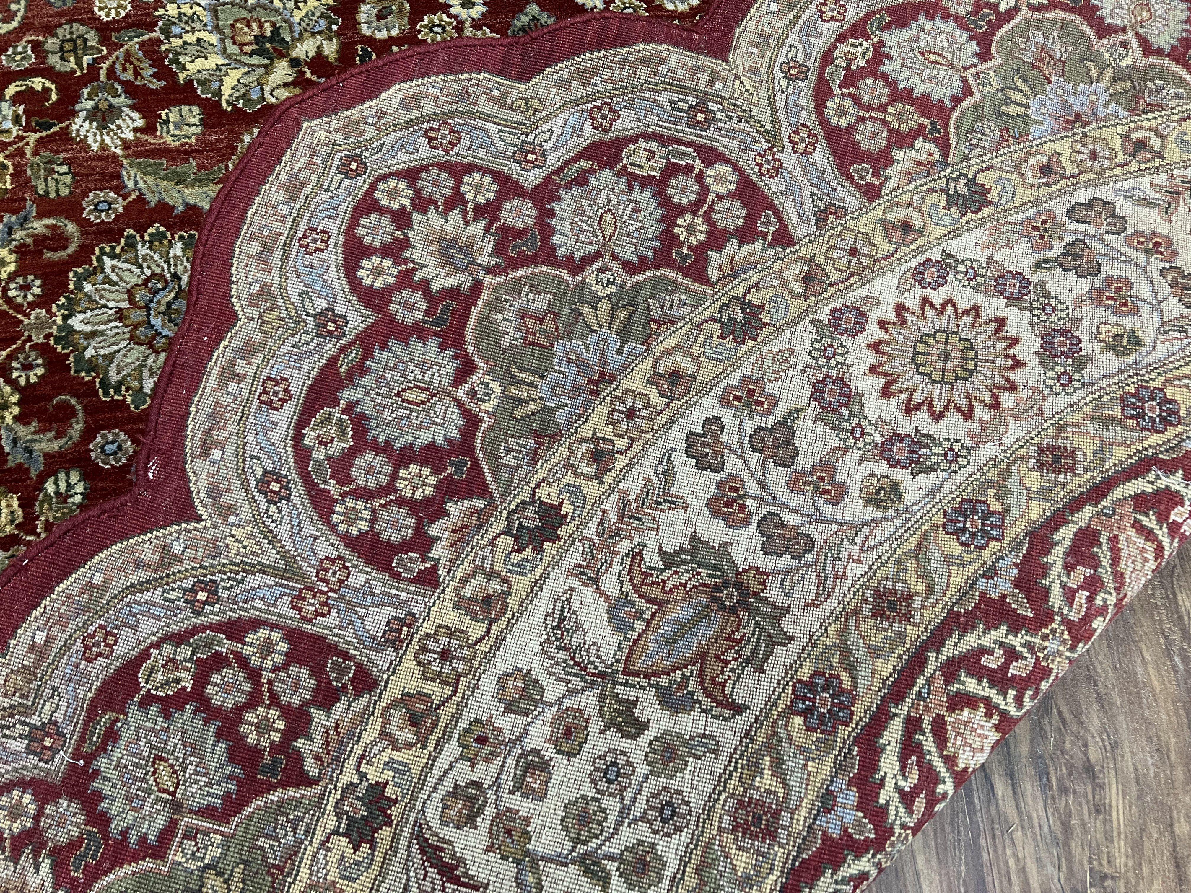 8ft Round Hand Knotted Rug, Unique Flower Petal Shape, 8x8 Circular Wool Carpet Handmade, Burgundy Cream Multicolor Floral Medallion Allover - Jewel Rugs