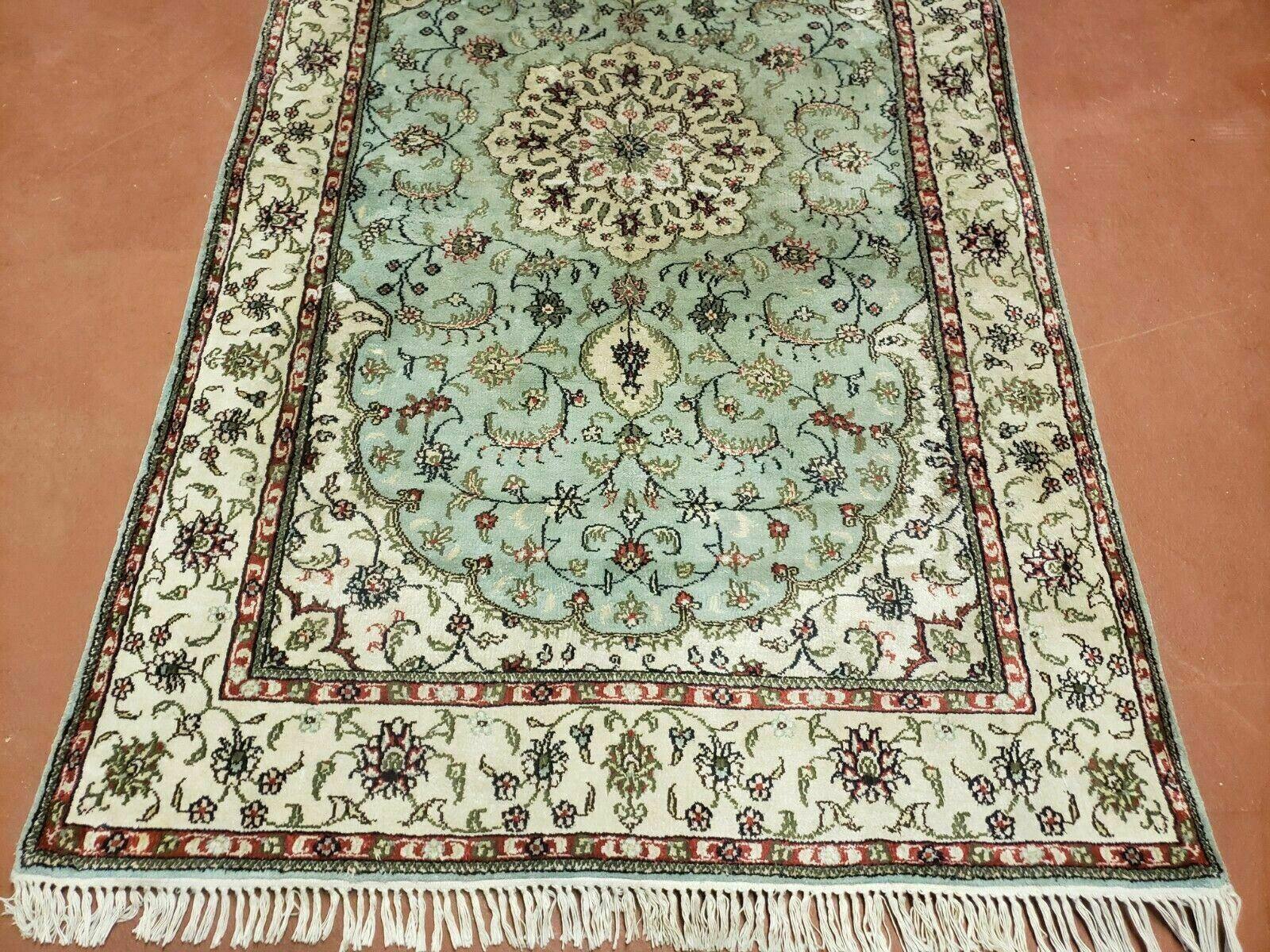 Silk Turkish Kayseri Rug 3x5, Light Mint Green and Ivory, Vintage Fine Silk Hand Knotted Oriental Carpet 3 x 5 ft, Floral Medallion, Nice - Jewel Rugs