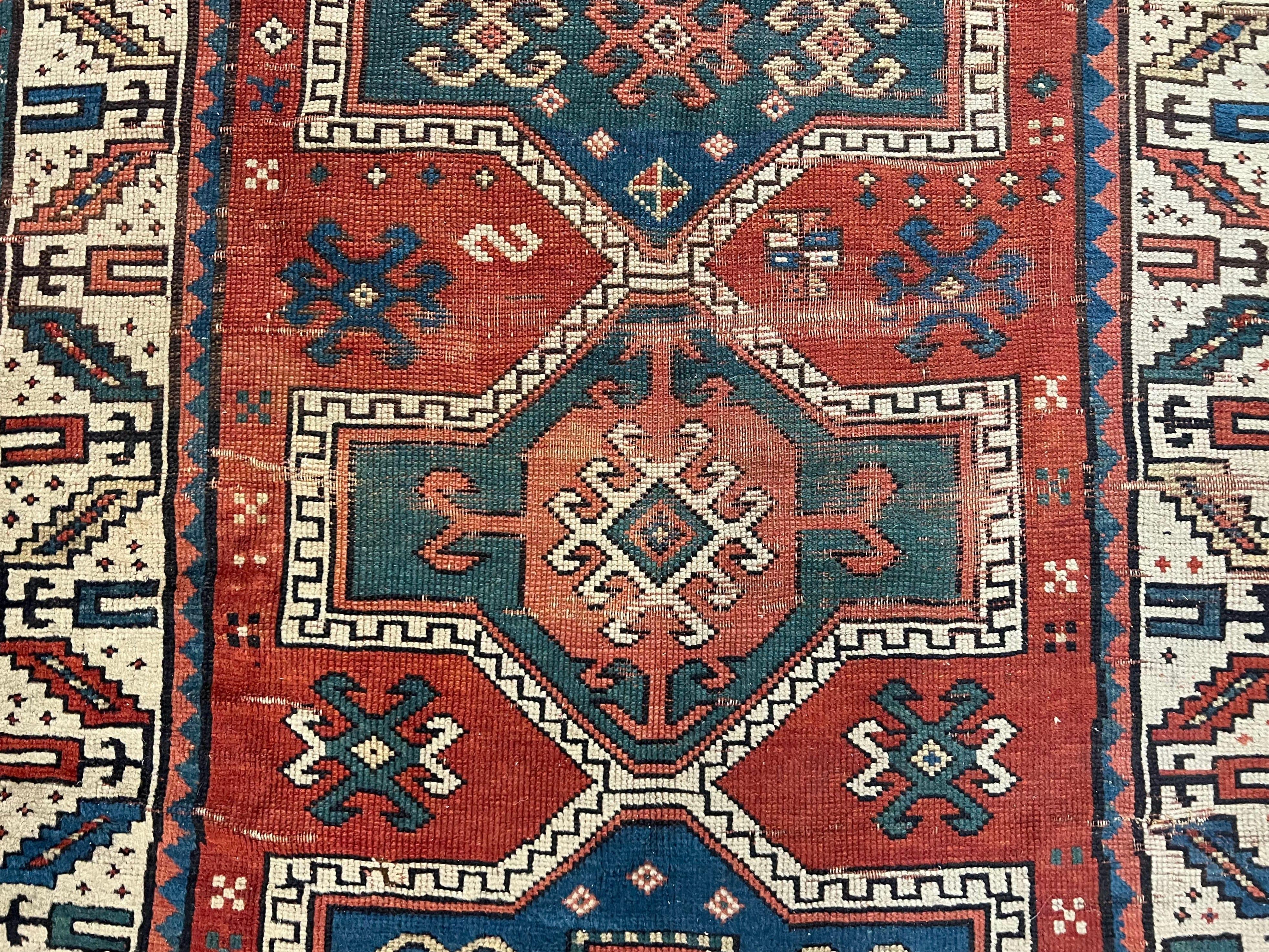Antique Caucasian Rug 4x5, Geometric Kazak Rug circa 1920s, Hand Knotted Wool Oriental Carpet, Rust Red-Orange and Cream, Collectible Rug - Jewel Rugs