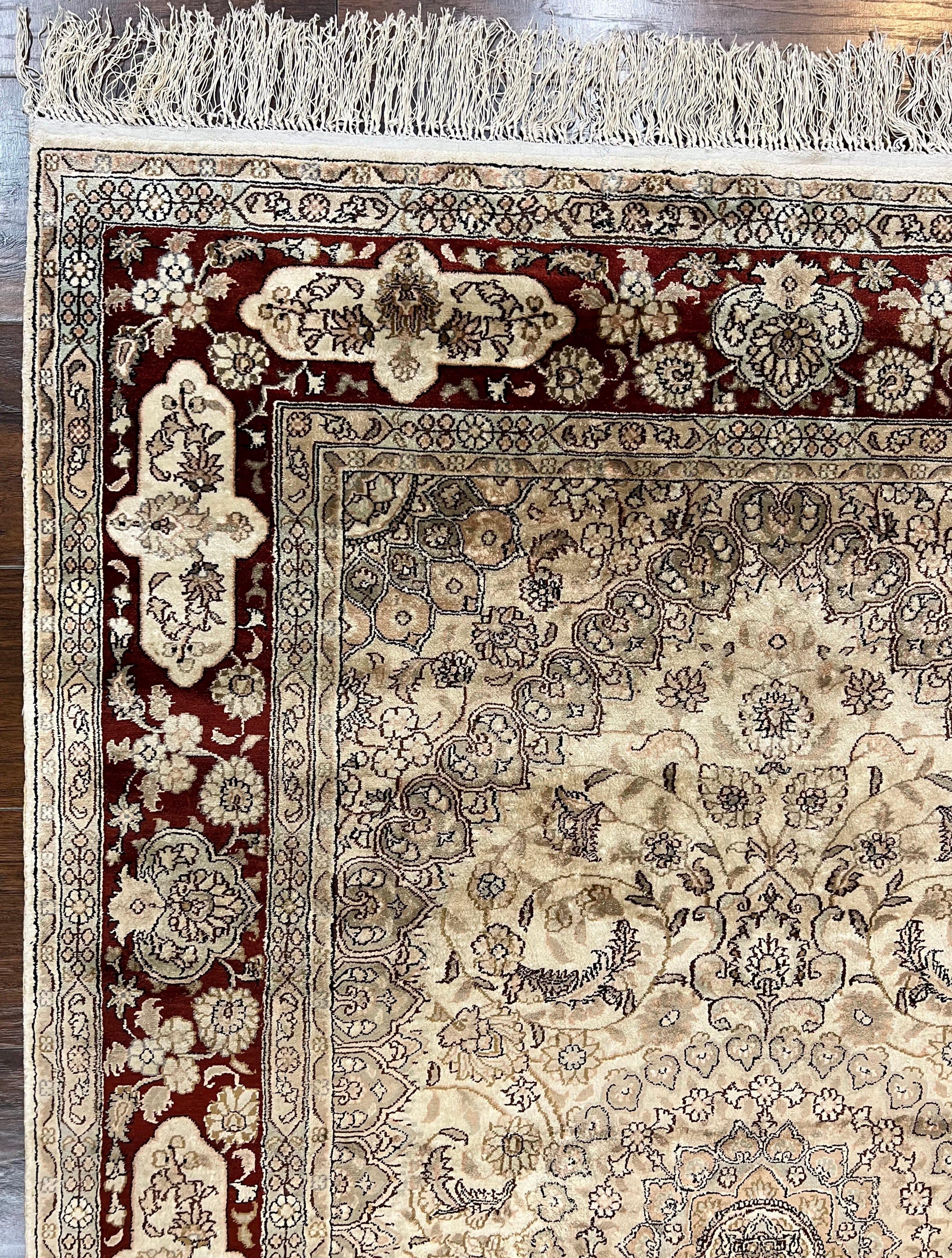 Silk Indian Kashmiri Rug 4x6 ft, Floral Medallion Hand Knotted Handmade Oriental Carpet, Vintage, Cream Burgundy, Very Fine Silk Rug 4 x 6 - Jewel Rugs