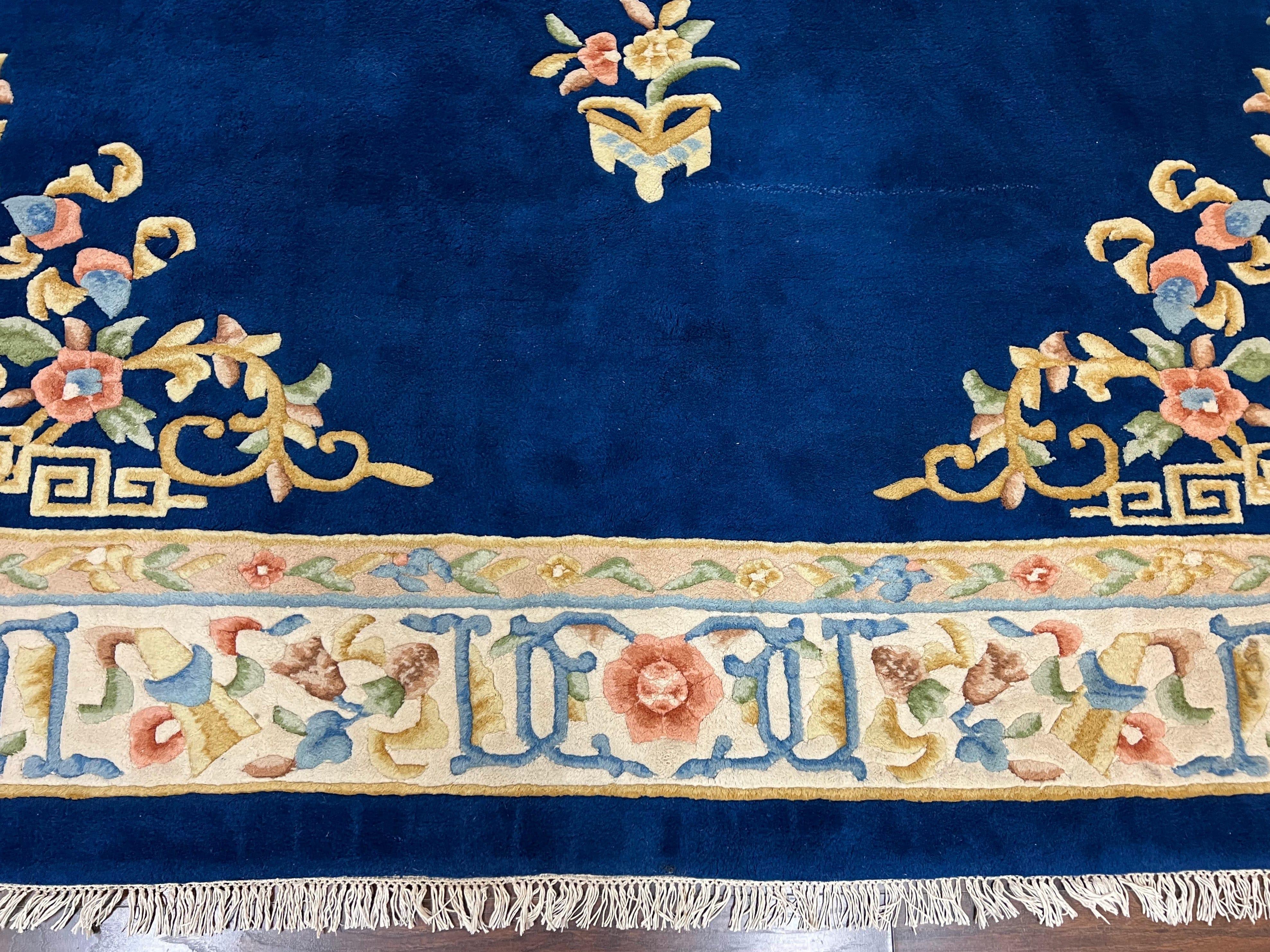 Indo Chinese Wool Rug 10x14, Navy Blue and Beige Hand Knotted Large Asian Oriental Carpet 10 x 14, Handmade Art Deco Vintage Floral Rug - Jewel Rugs