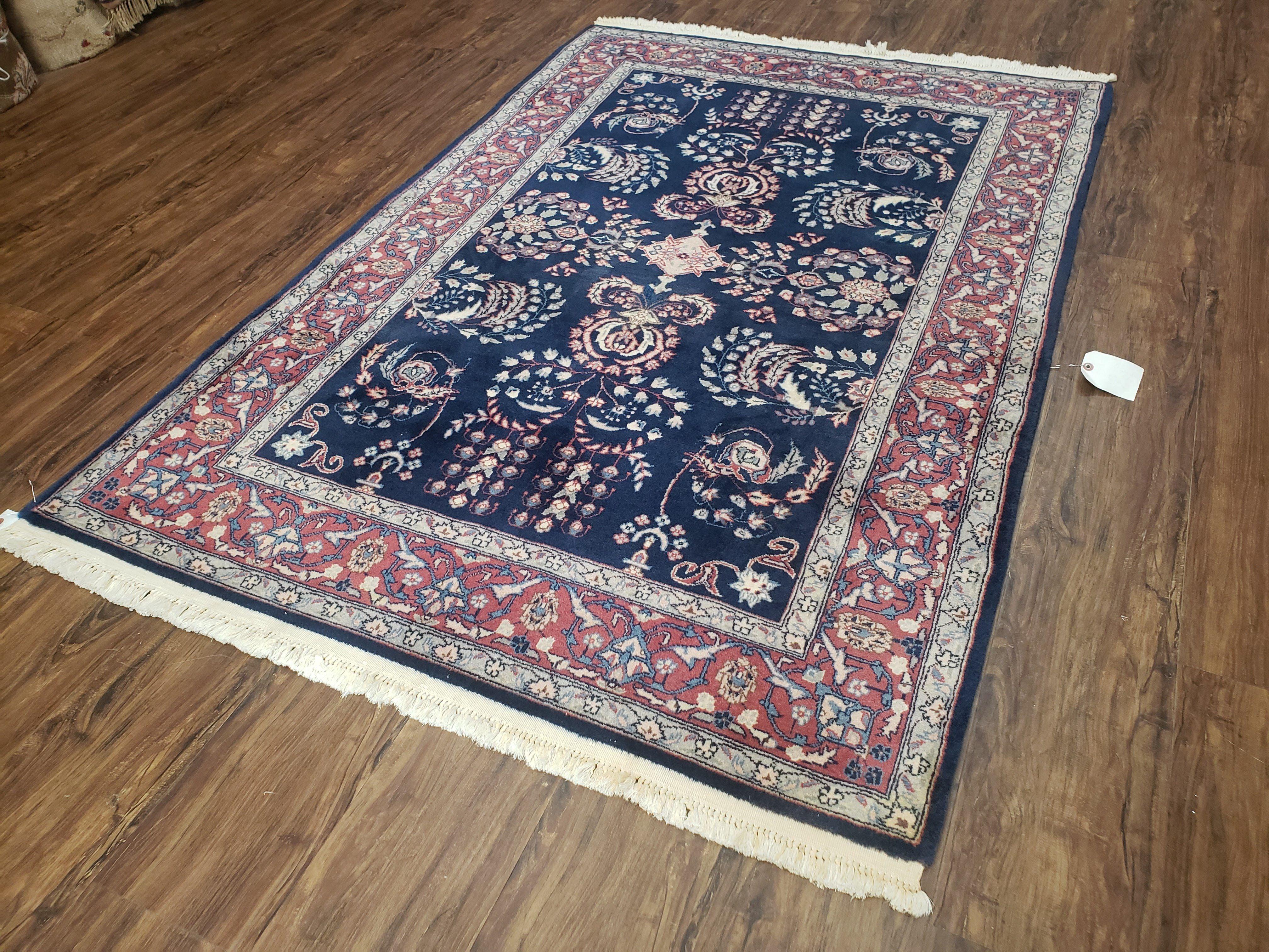 Dark Blue Indo Persian Rug 4x6, Medium Size Hand Knotted Oriental Carpet, Traditional Floral Indian Rug, Blue and Red Entryway Rug, Wool Rug - Jewel Rugs