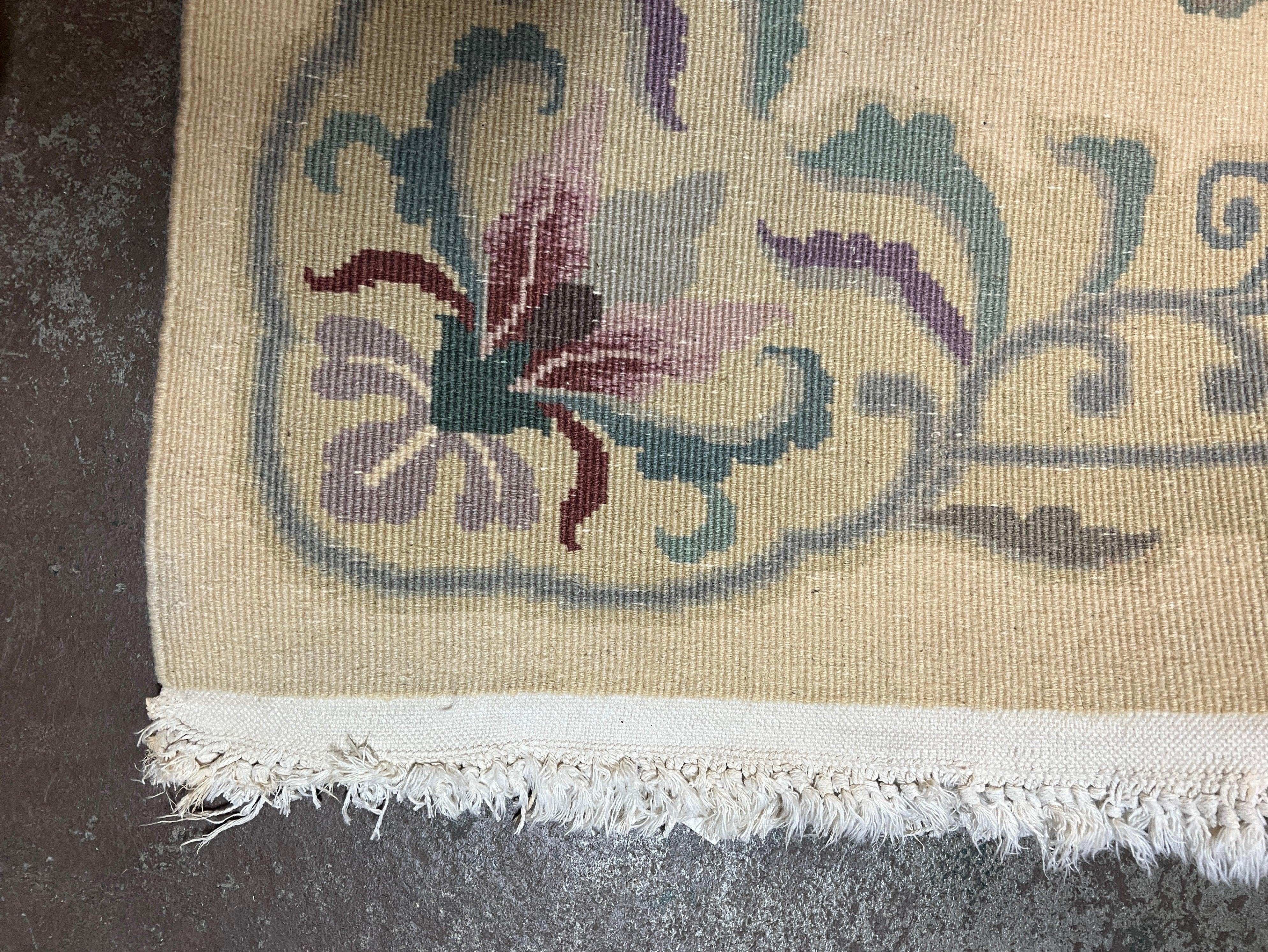 Vintage Chinese Rug 6x9, Chinese 120 Line Rug, Asian Oriental Carpet, Ivory/Beige and Teal, Floral Design, Soft Plush Wool Rug Handmade - Jewel Rugs