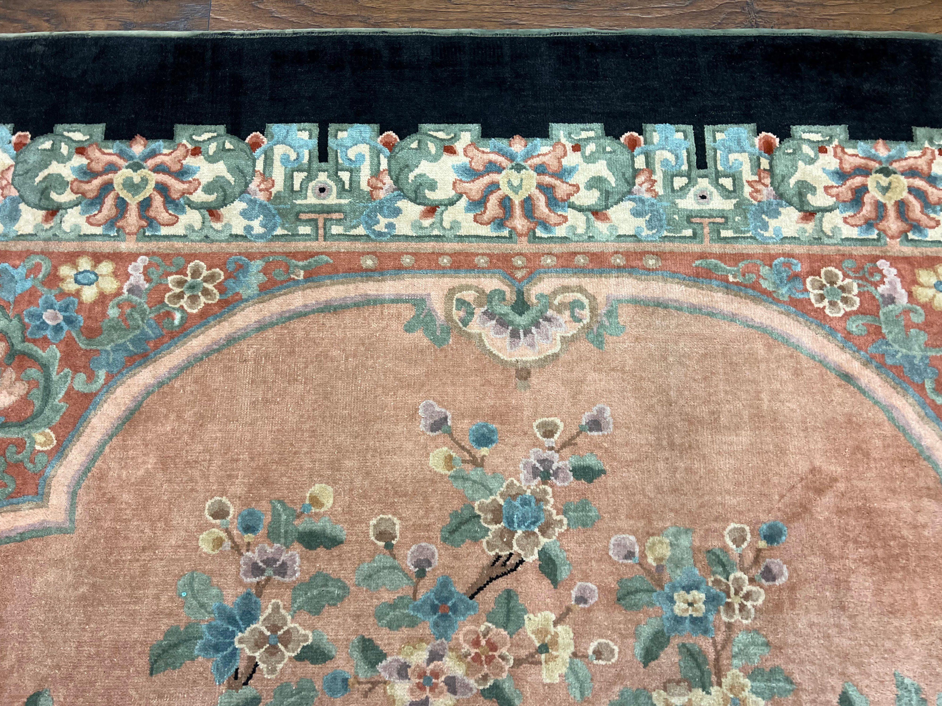 Antique Chinese Wool Rug 9x12, Chinese Peking Fete Carpet 9 x 12 ft, Pink Black Cream Light Blue, Handmade Hand Knotted Asian Art Deco Rug - Jewel Rugs