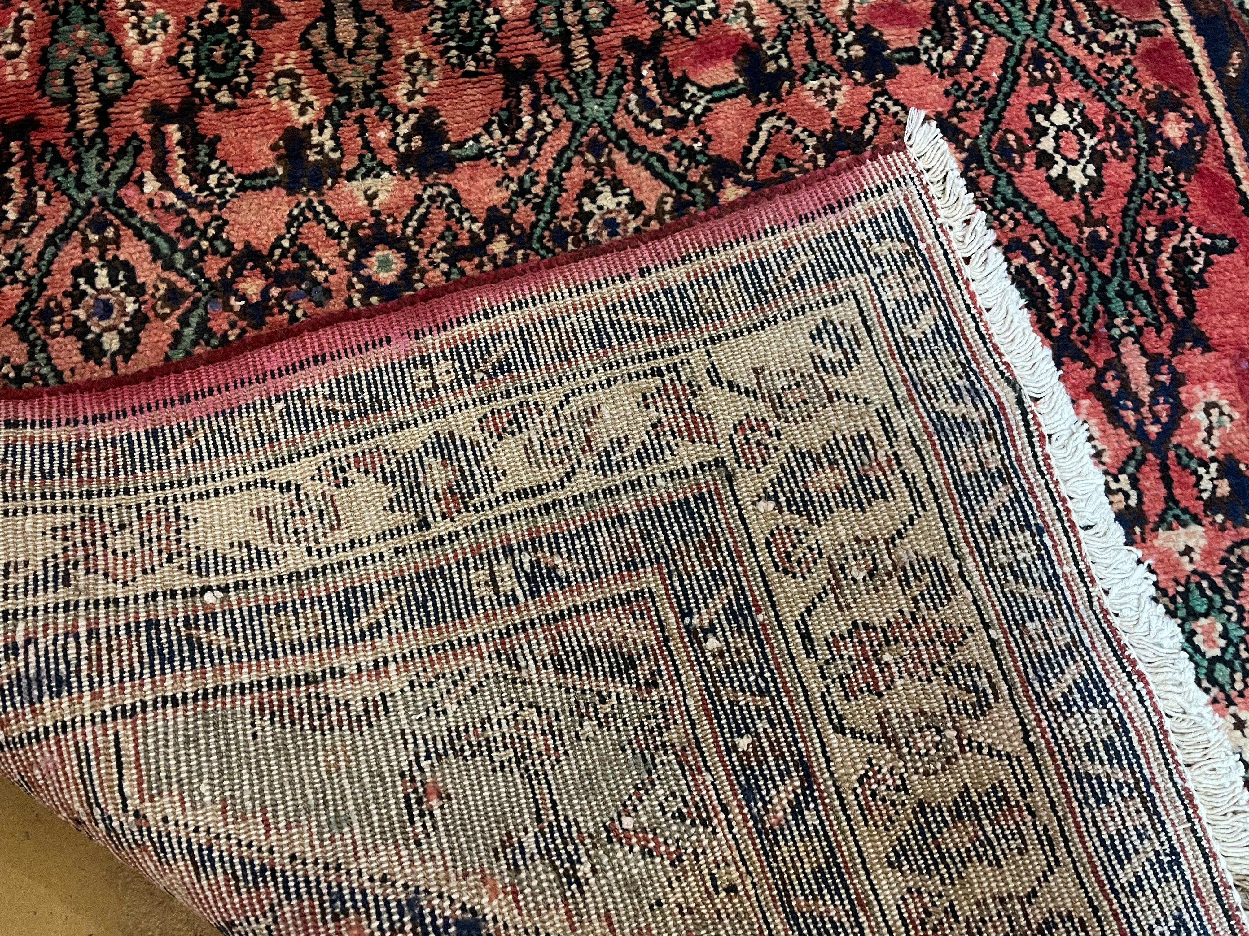 Persian Tribal Runner Rug 3.9 x 9.7, Persian Hamadan Dargazin Runner, Hand Knotted Antique Wool Vegetable Dyed Hallway Runner, Red Off White Teal, Herati Pattern - Jewel Rugs