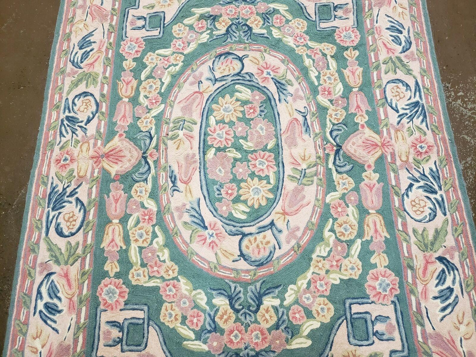3' X 5' Hand Stitched Indian Wool Rug with Backing Green & Pink - Jewel Rugs