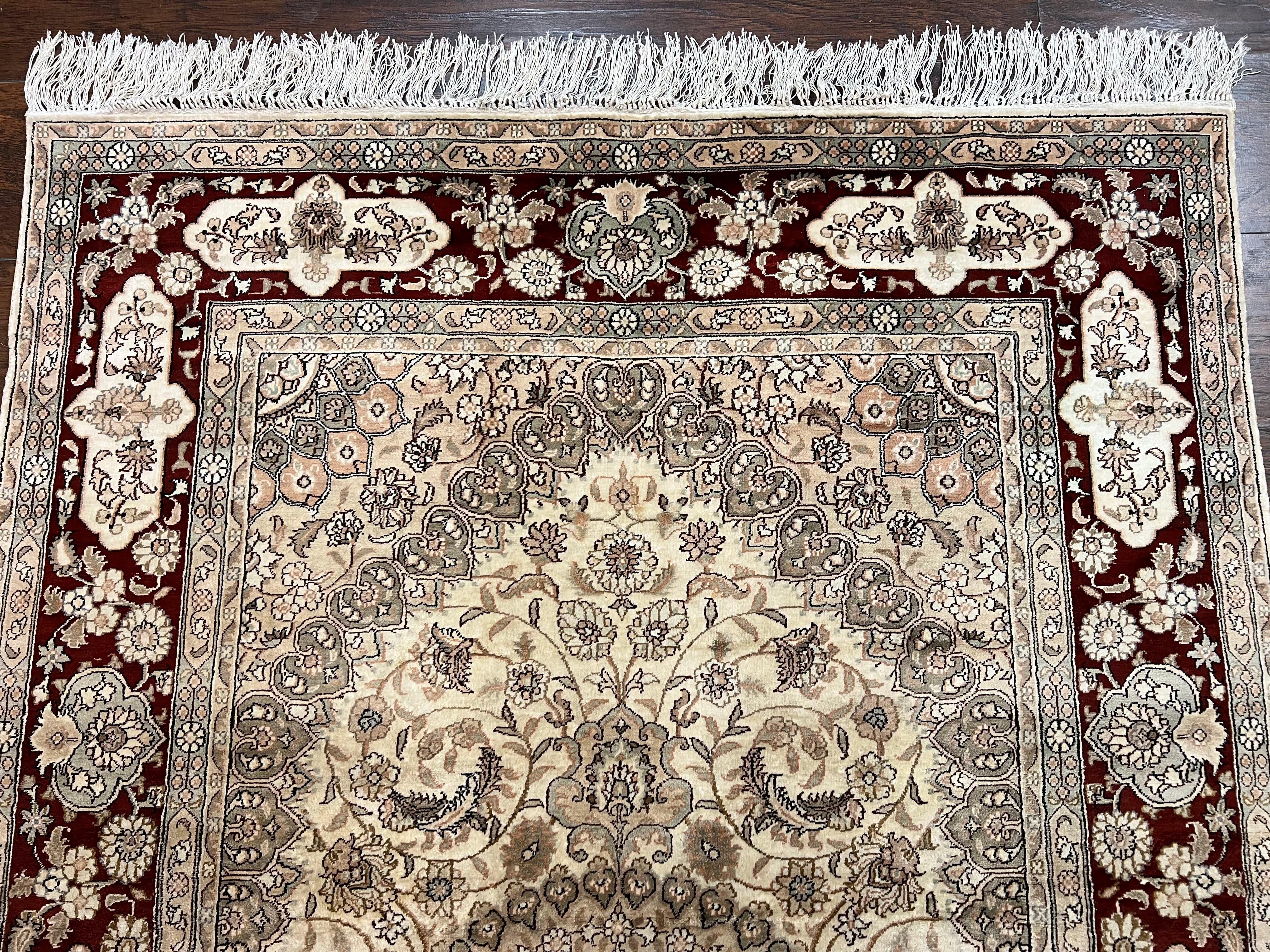 Silk Indian Kashmiri Rug 4x6 ft, Floral Medallion Hand Knotted Handmade Oriental Carpet, Vintage, Cream Burgundy, Very Fine Silk Rug 4 x 6 - Jewel Rugs