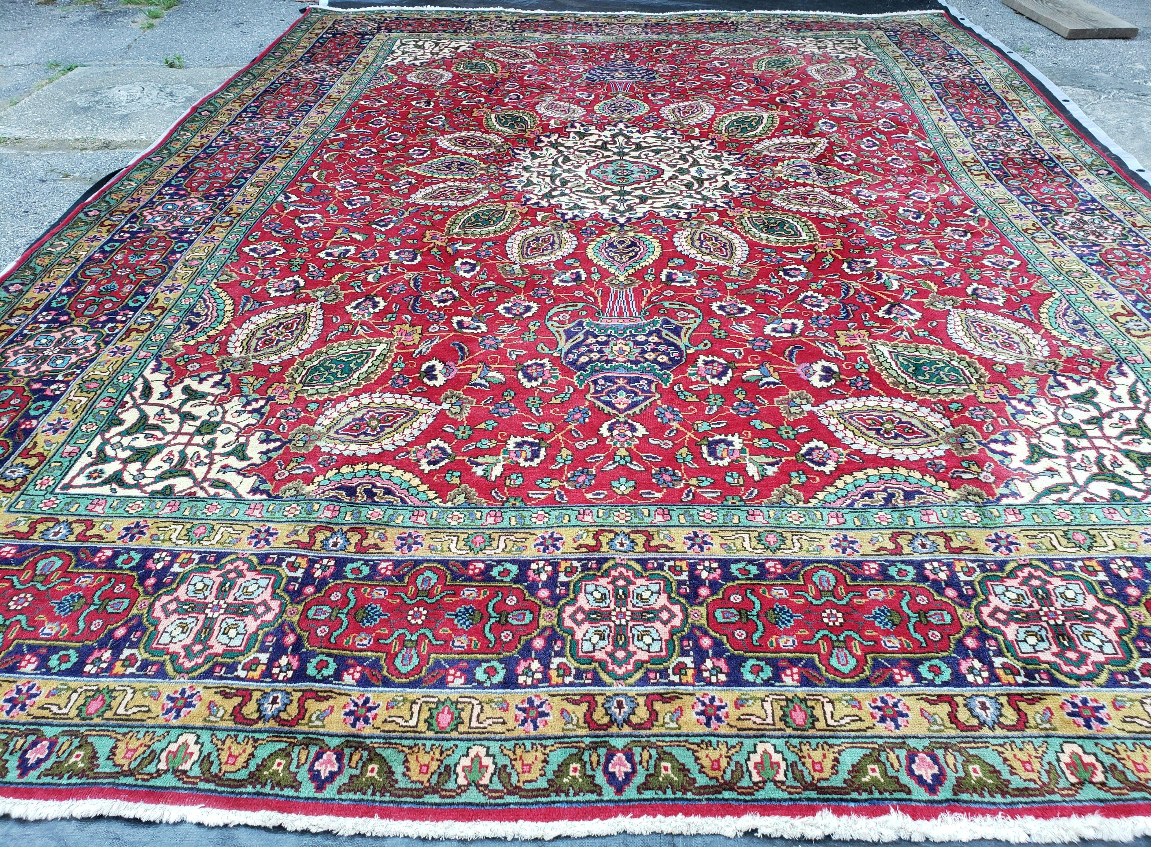 Antique Persian Tabriz Rug 9' 7" x 12' 9", Central Medallion, Persian Vases, Flowers, Curvilinear Vines, Red Blue Ivory, 10x13, Hand-Knotted, Wool, Mustafi Design - Jewel Rugs