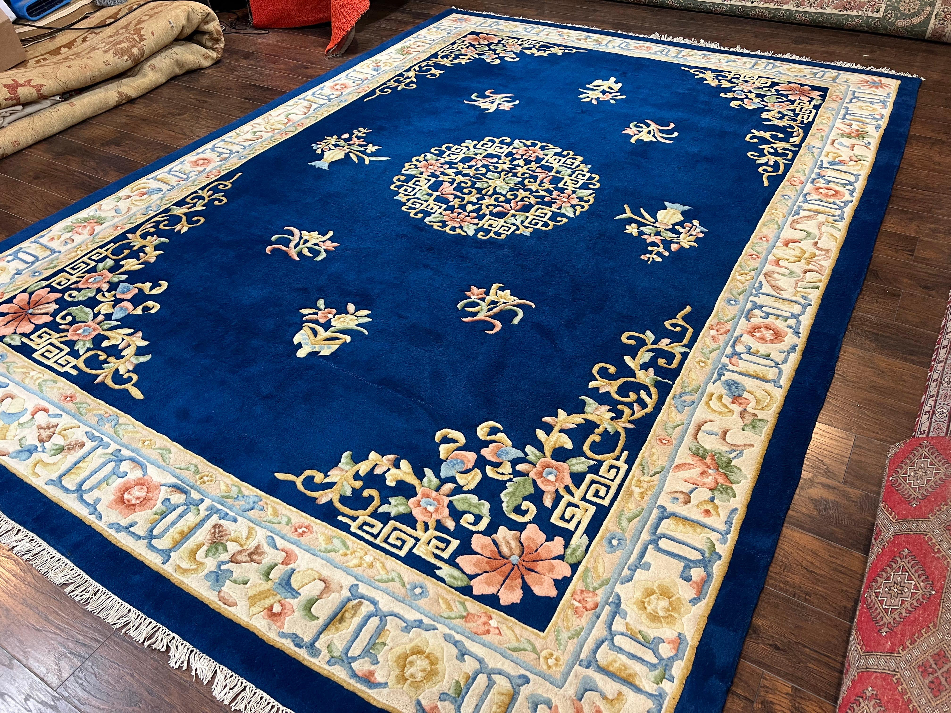 Indo Chinese Wool Rug 10x14, Navy Blue and Beige Hand Knotted Large Asian Oriental Carpet 10 x 14, Handmade Art Deco Vintage Floral Rug - Jewel Rugs