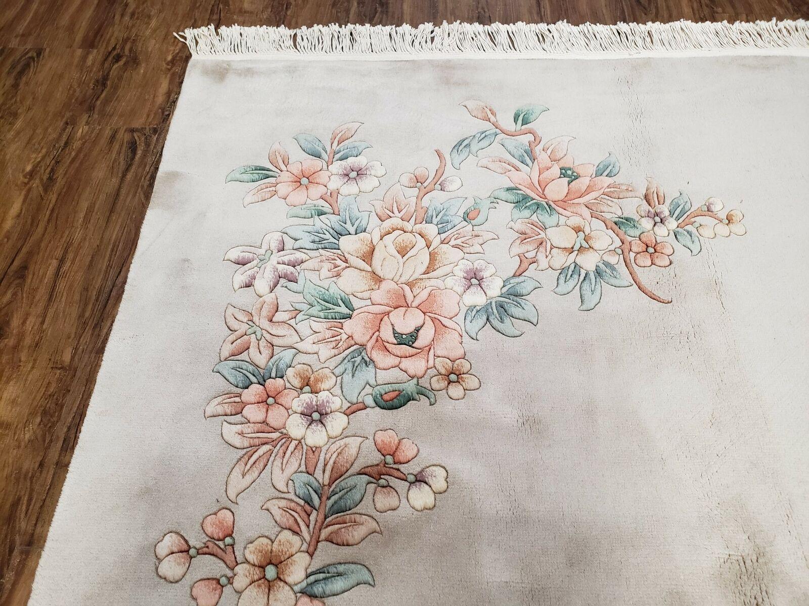 6' X 9' Vintage Handmade Chinese Art Deco 120 Lines Wool Rug Flowers Beige Wow - Jewel Rugs