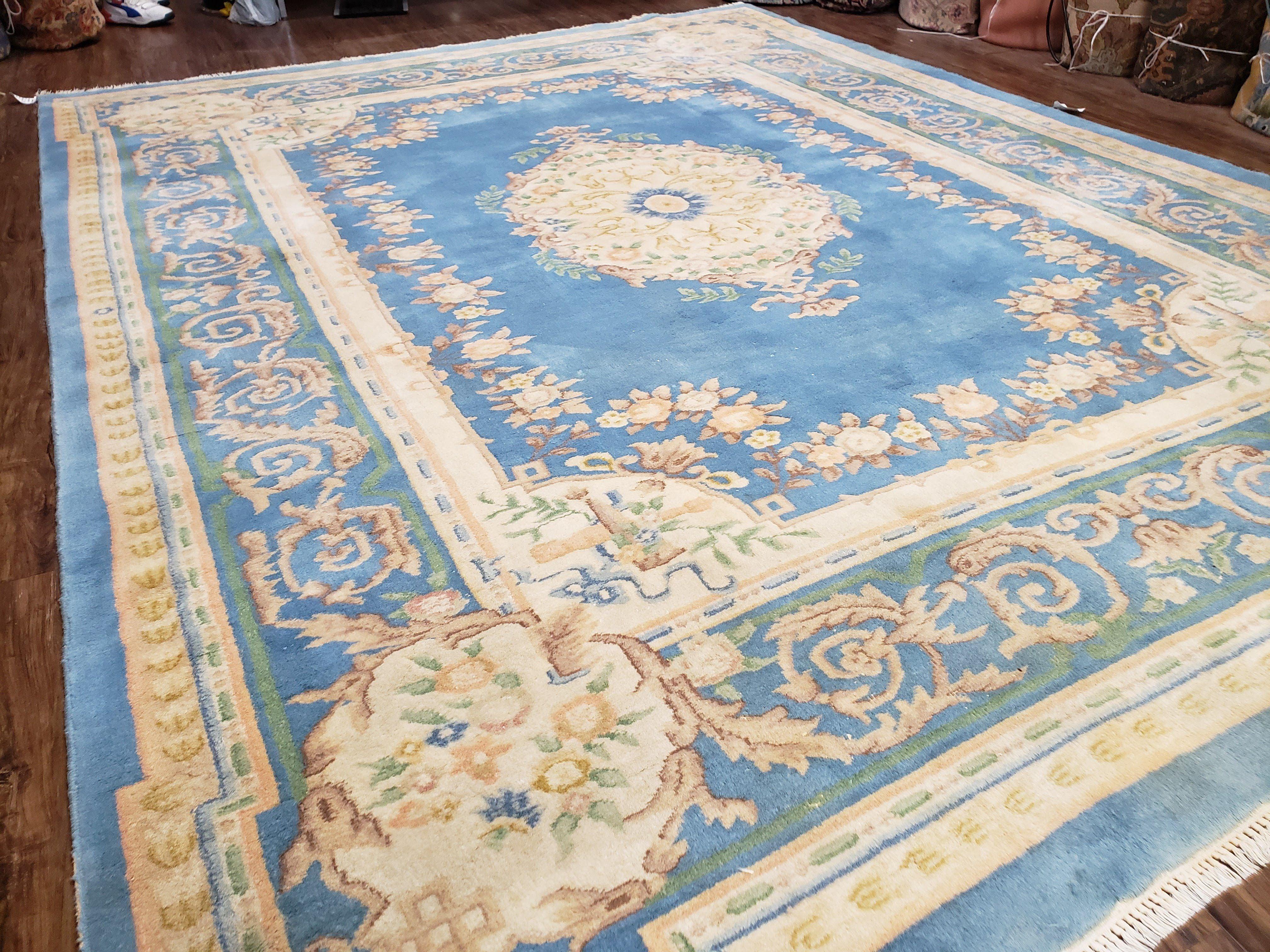 Light Blue and Ivory Rug, Indo Chinese Rug, Aubusson Rug, 8x11 - 9x12 Rugs, Room Sized Rug, Handmade Wool Area Rug, Vintage Rug, Sky Blue - Jewel Rugs