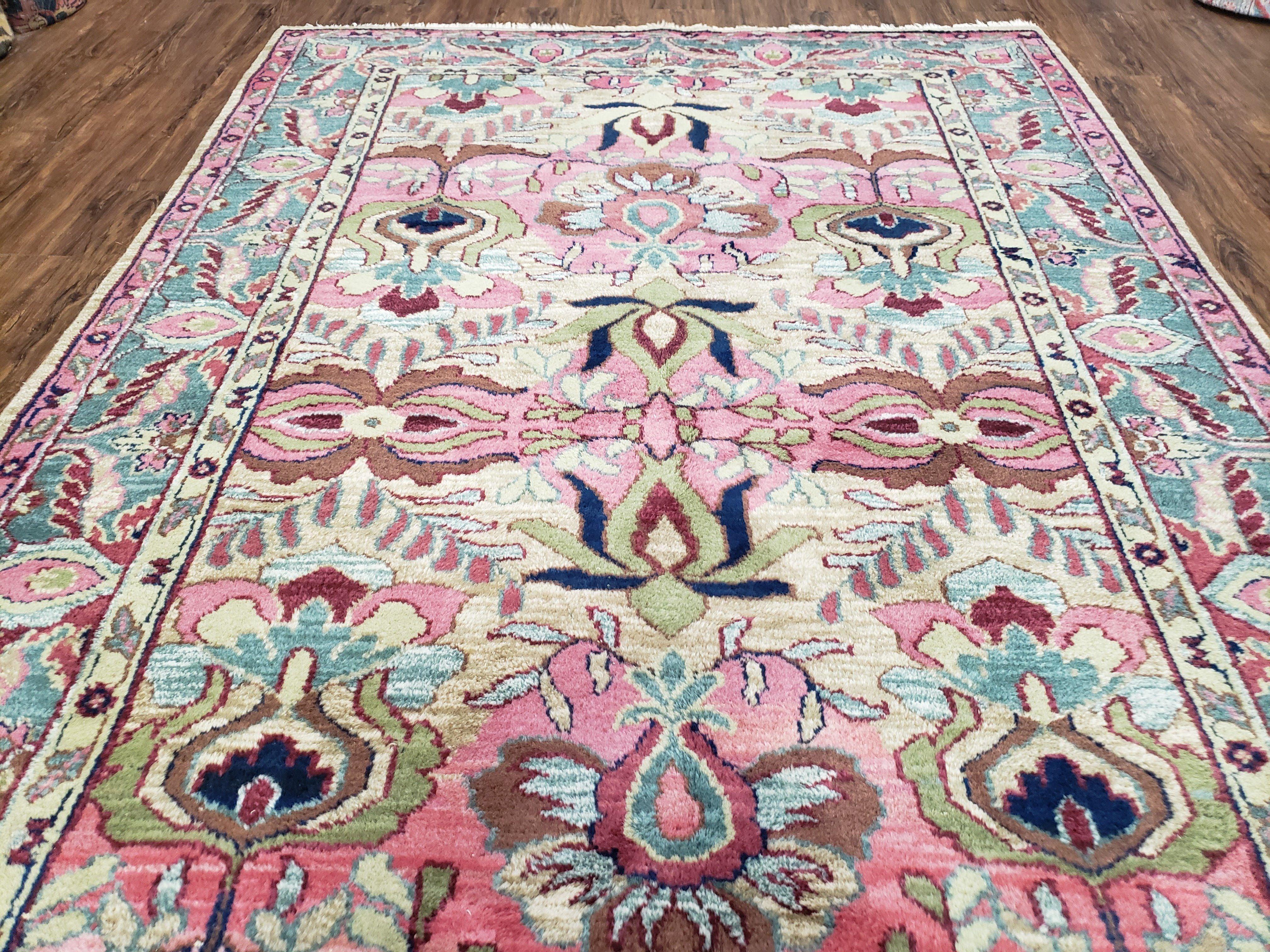 Indo Persian Rug, 6x9 Rug, Medium Sized Handmade Area Rug, Pink and Teal Oriental Carpet, Indian Rug, Vintage Rug, Hand Knotted Rug, Unique - Jewel Rugs