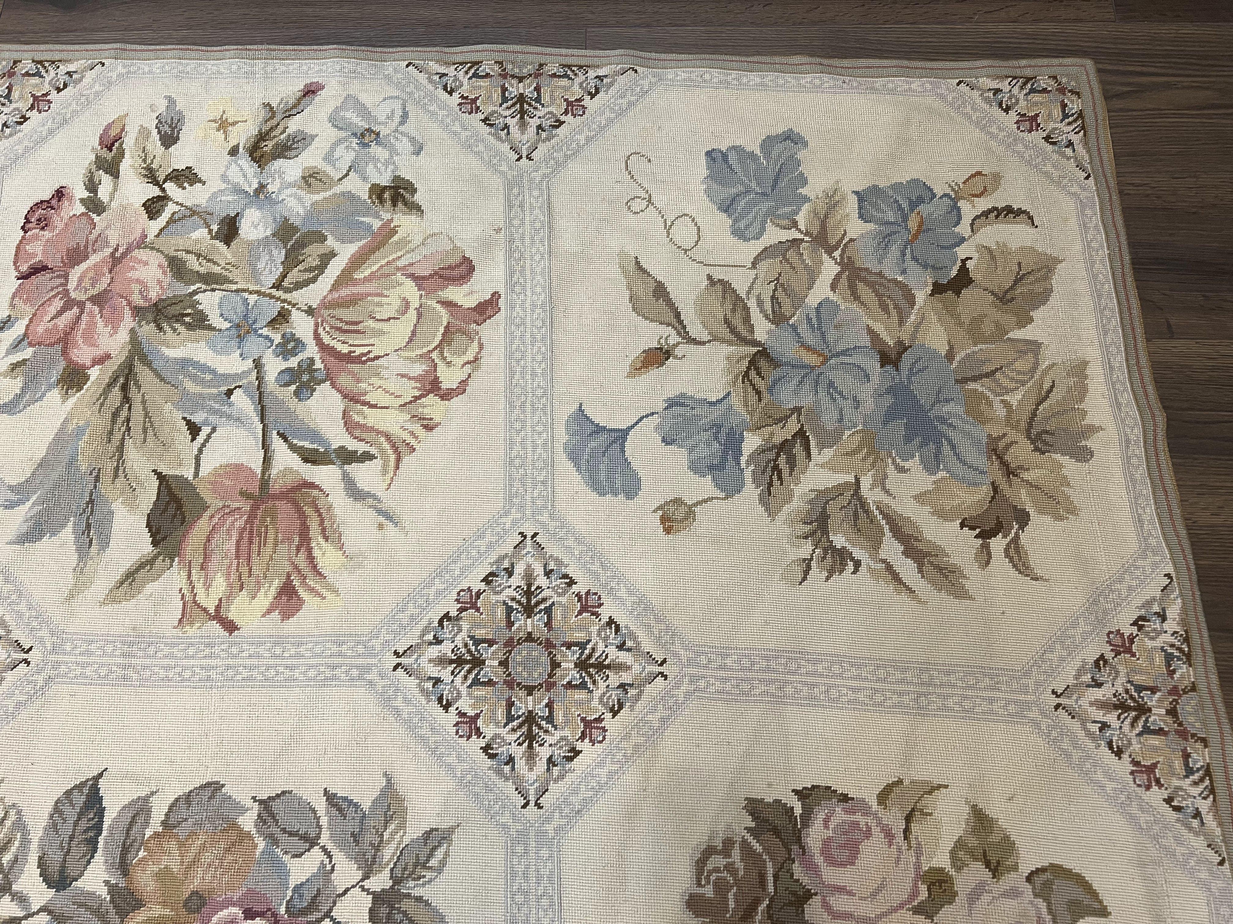 Vintage Needlepoint Rug 8x11, Floral Panel Design, Flatweave Handmade Needlepoint Carpet 8 x 11, Room Size Wool Needlepoint Rug, Cream Color - Jewel Rugs