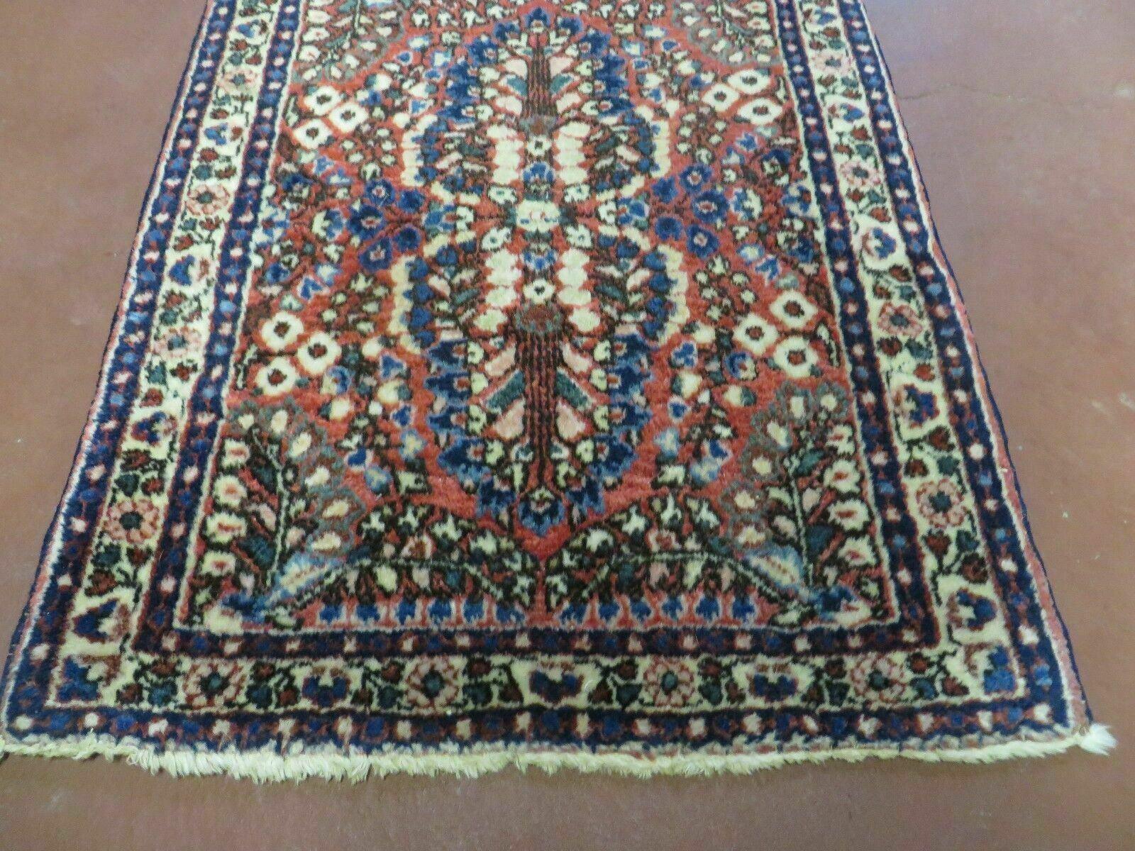 Small Persian Rug 2 x 2.6 Tiny Persian Sarouk Carpet, Red Blue Cream, Floral Design, Antique Wool Rug, Handmade Hand-Knotted, Oriental Rug Mat 2x3 - Jewel Rugs